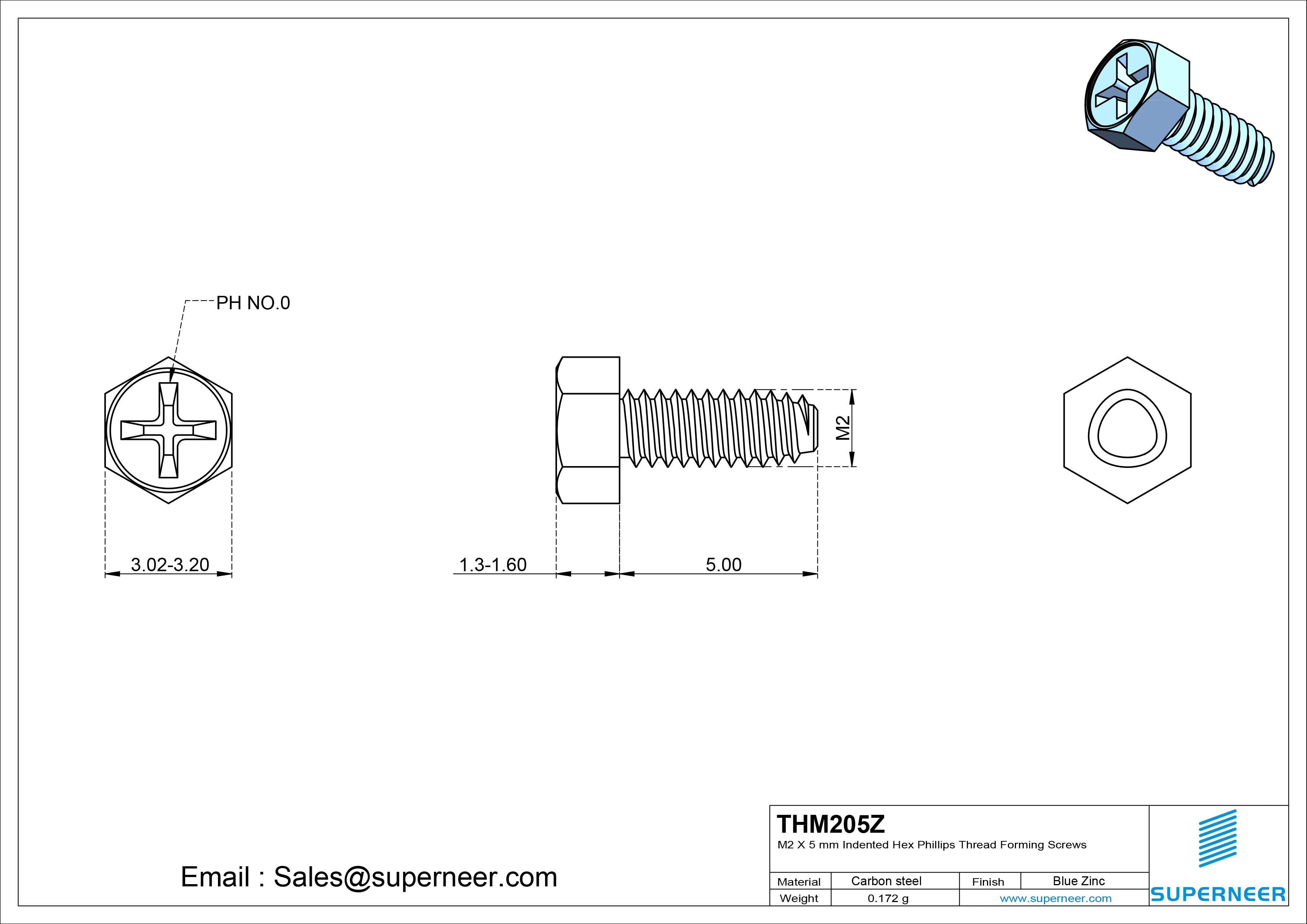 M2 &times; 5mm Indented Hex Phillips Thread Forming Screws for Metal Steel Blue Zinc Plated