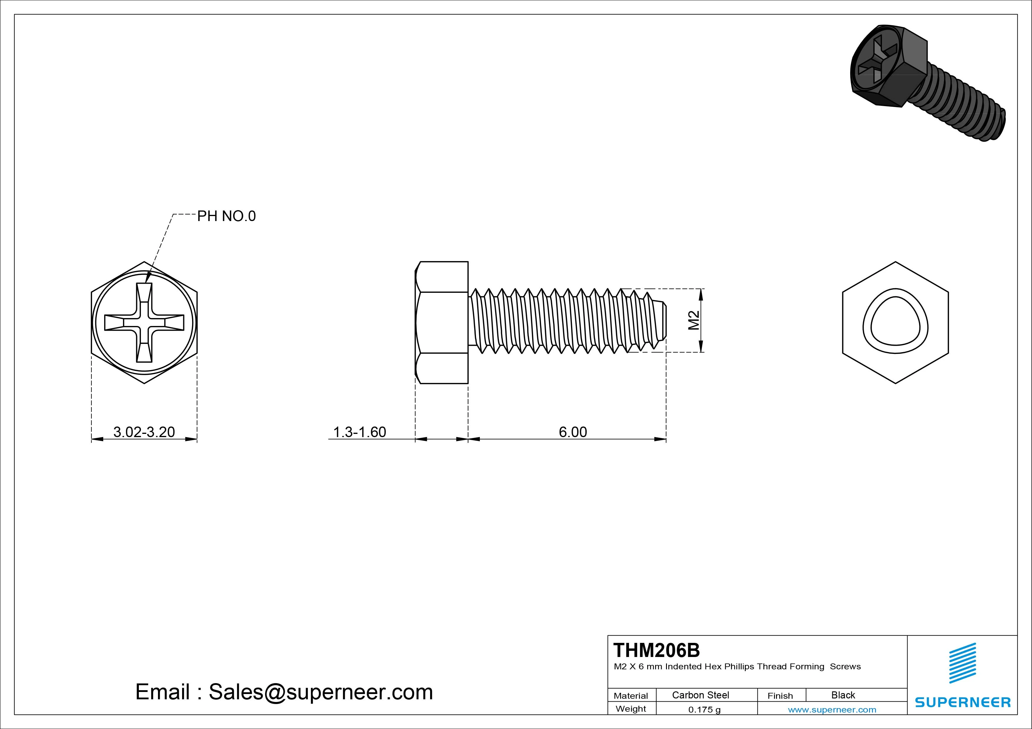 M2 &times; 6mm Indented Hex Phillips Thread Forming Screws for Metal Steel Black