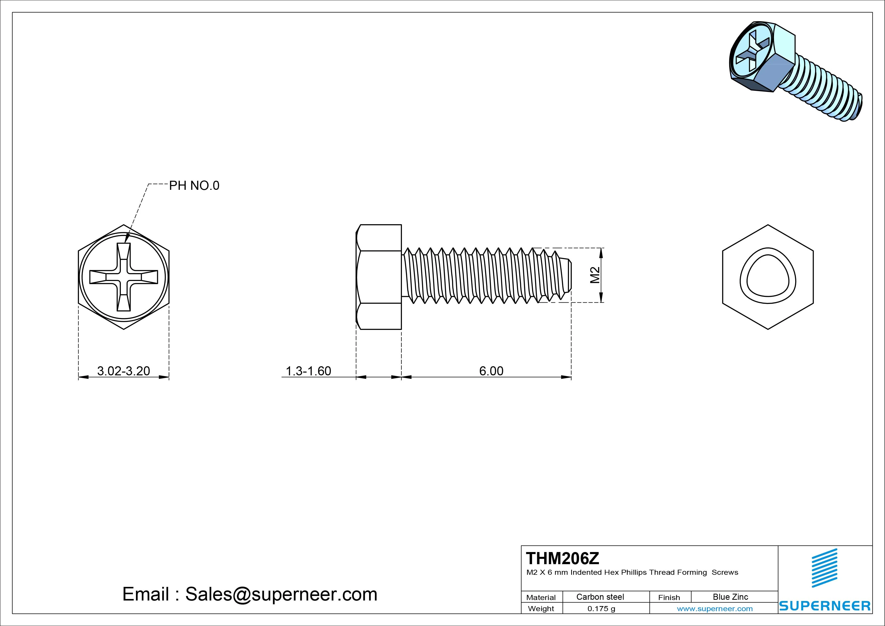 M2 &times; 6mm Indented Hex Phillips Thread Forming Screws for Metal Steel Blue Zinc Plated