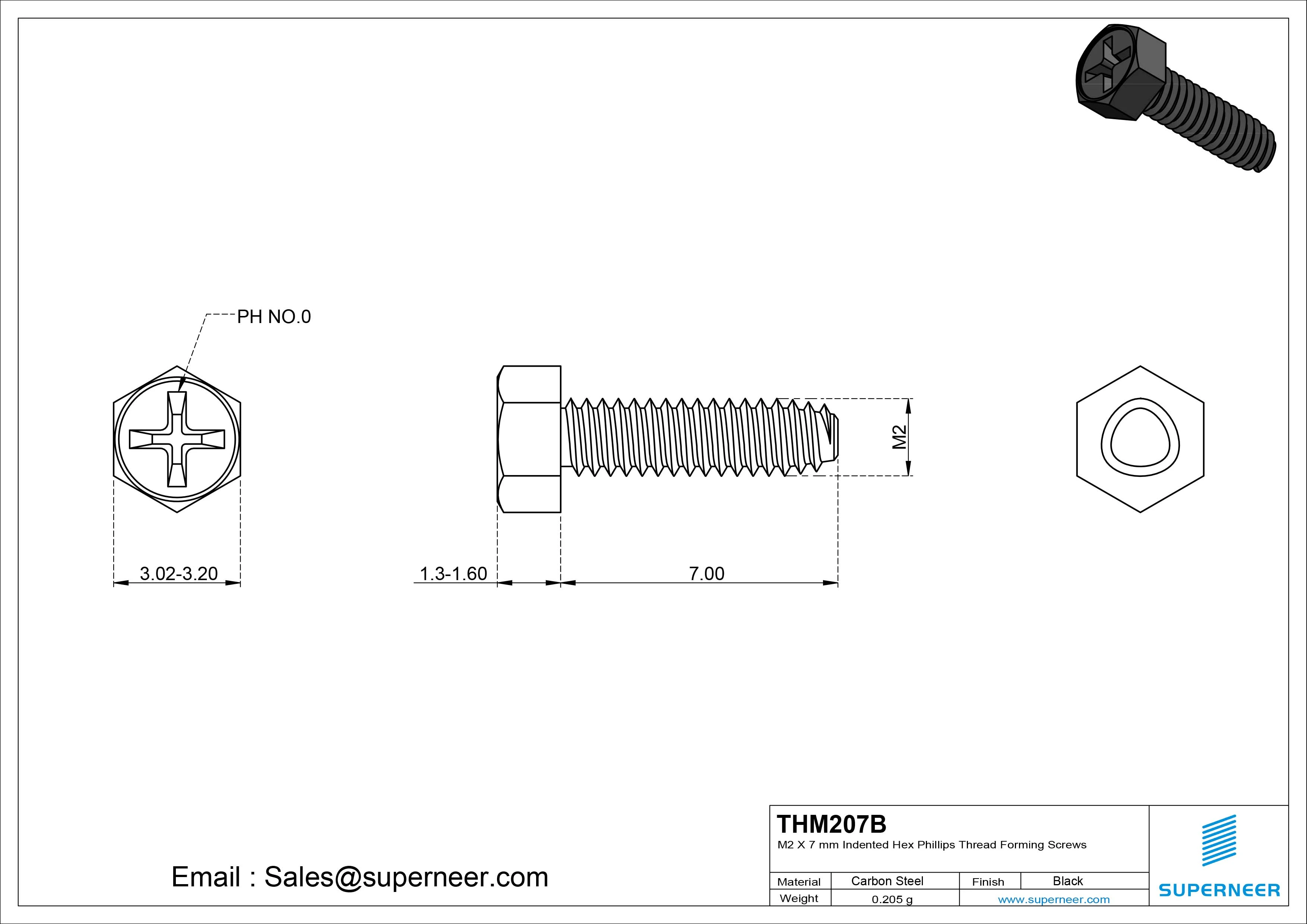 M2 &times; 7mm Indented Hex Phillips Thread Forming Screws for Metal Steel Black