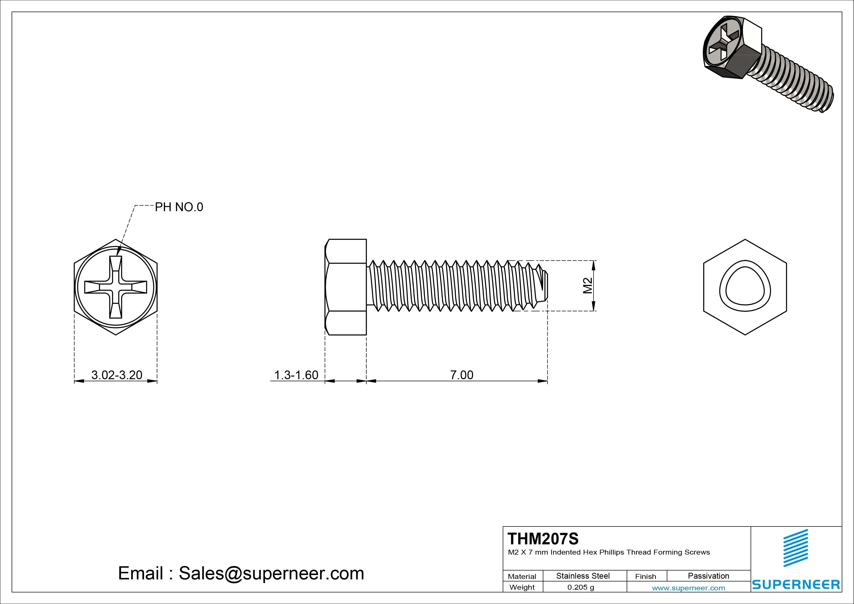 M2 &times; 7mm Indented Hex Phillips Thread Forming Screws for Metal SUS304 Stainless Steel Inox
