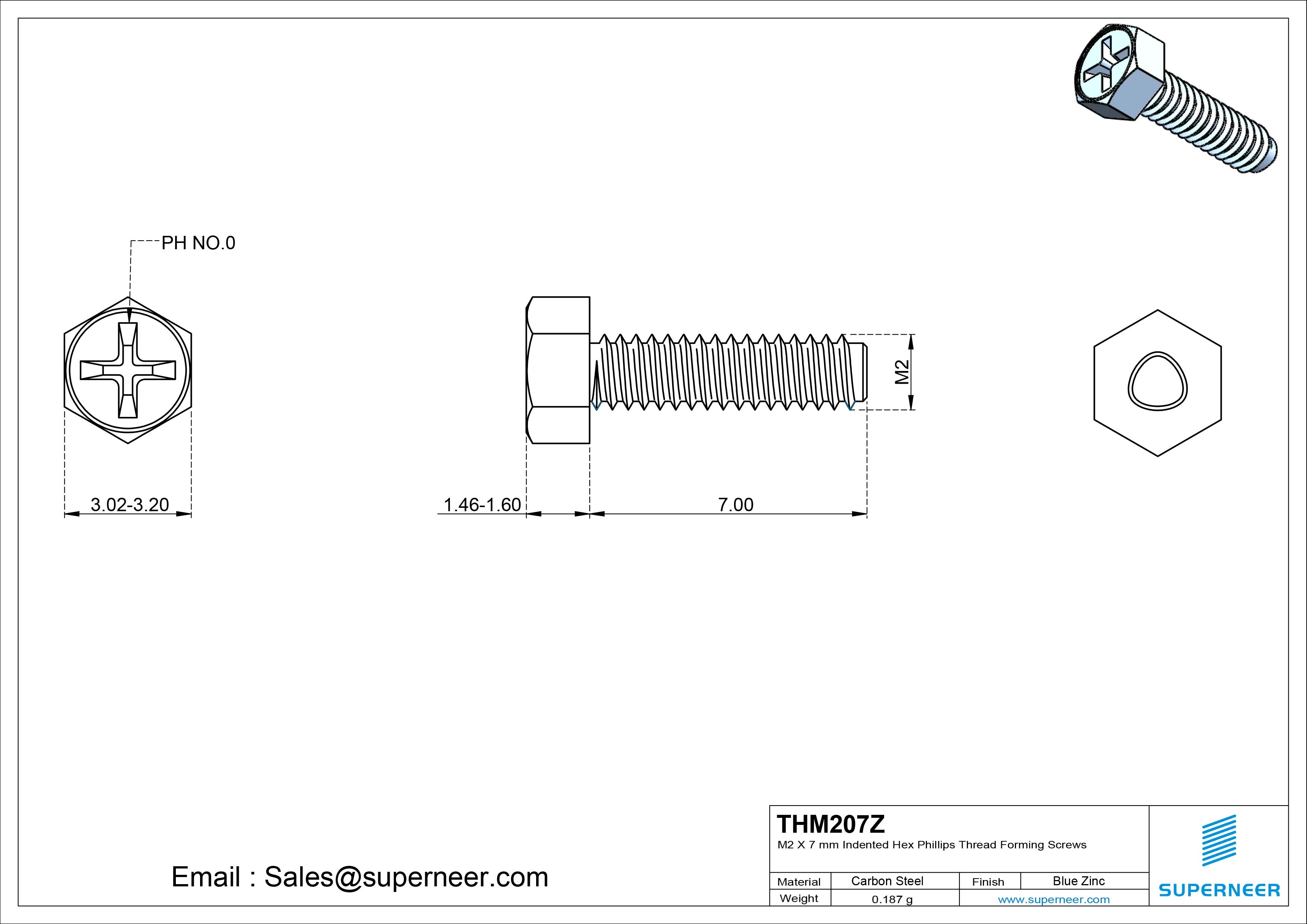 M2 × 7mm Indented Hex Phillips Thread Forming Screws for Metal Steel Blue Zinc Plated