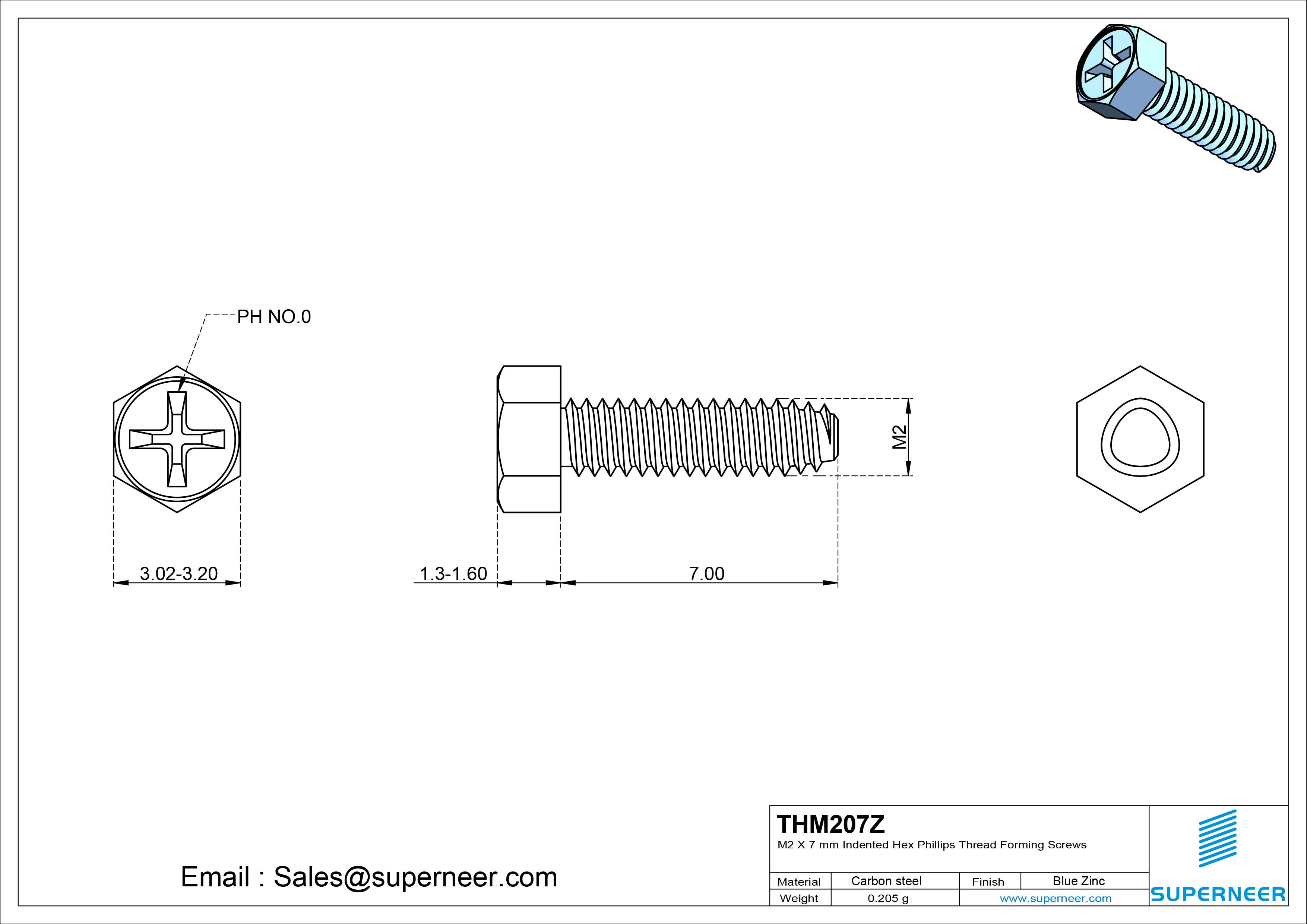 M2 &times; 7mm Indented Hex Phillips Thread Forming Screws for Metal Steel Blue Zinc Plated