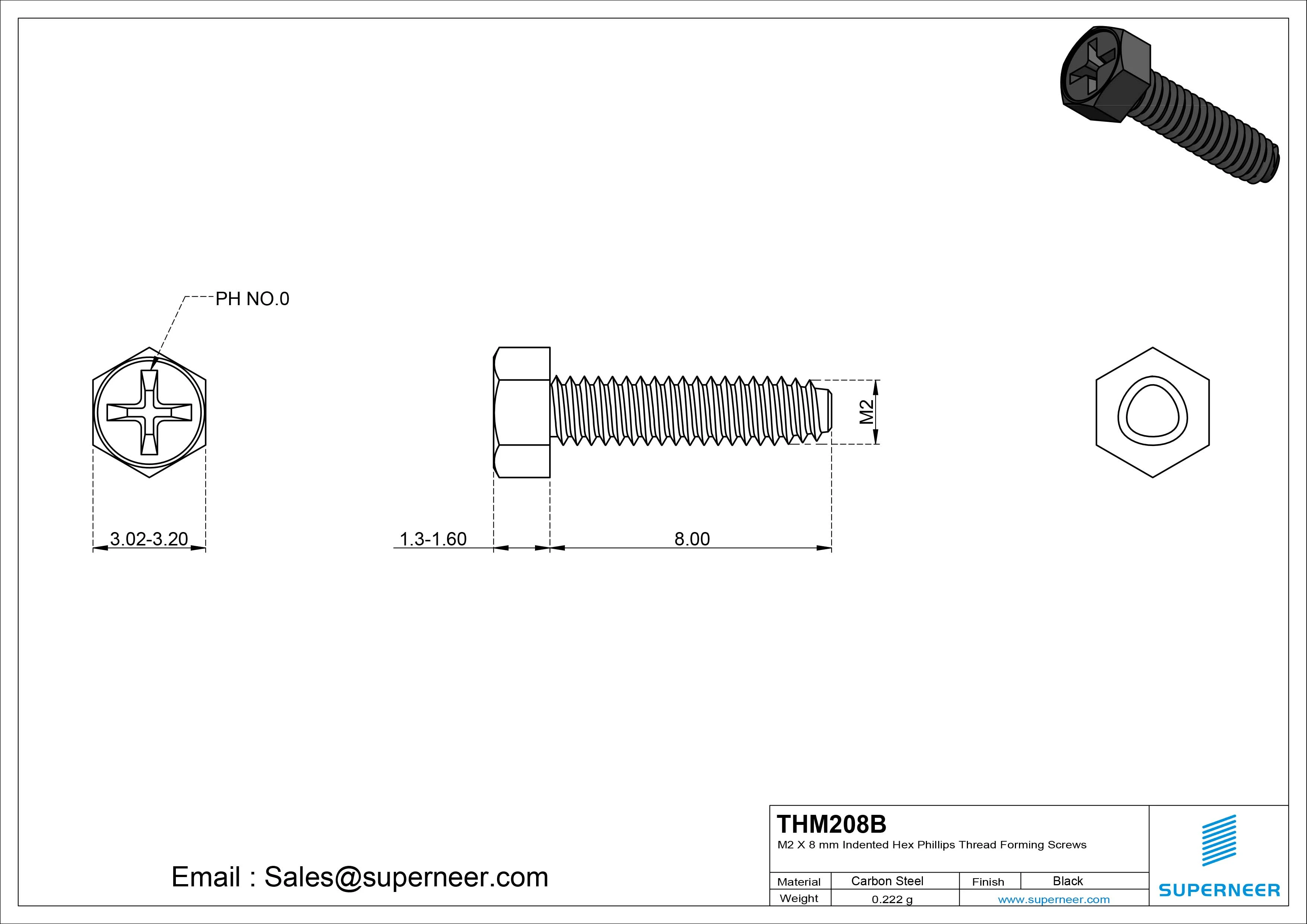 M2 &times; 8mm Indented Hex Phillips Thread Forming Screws for Metal Steel Black