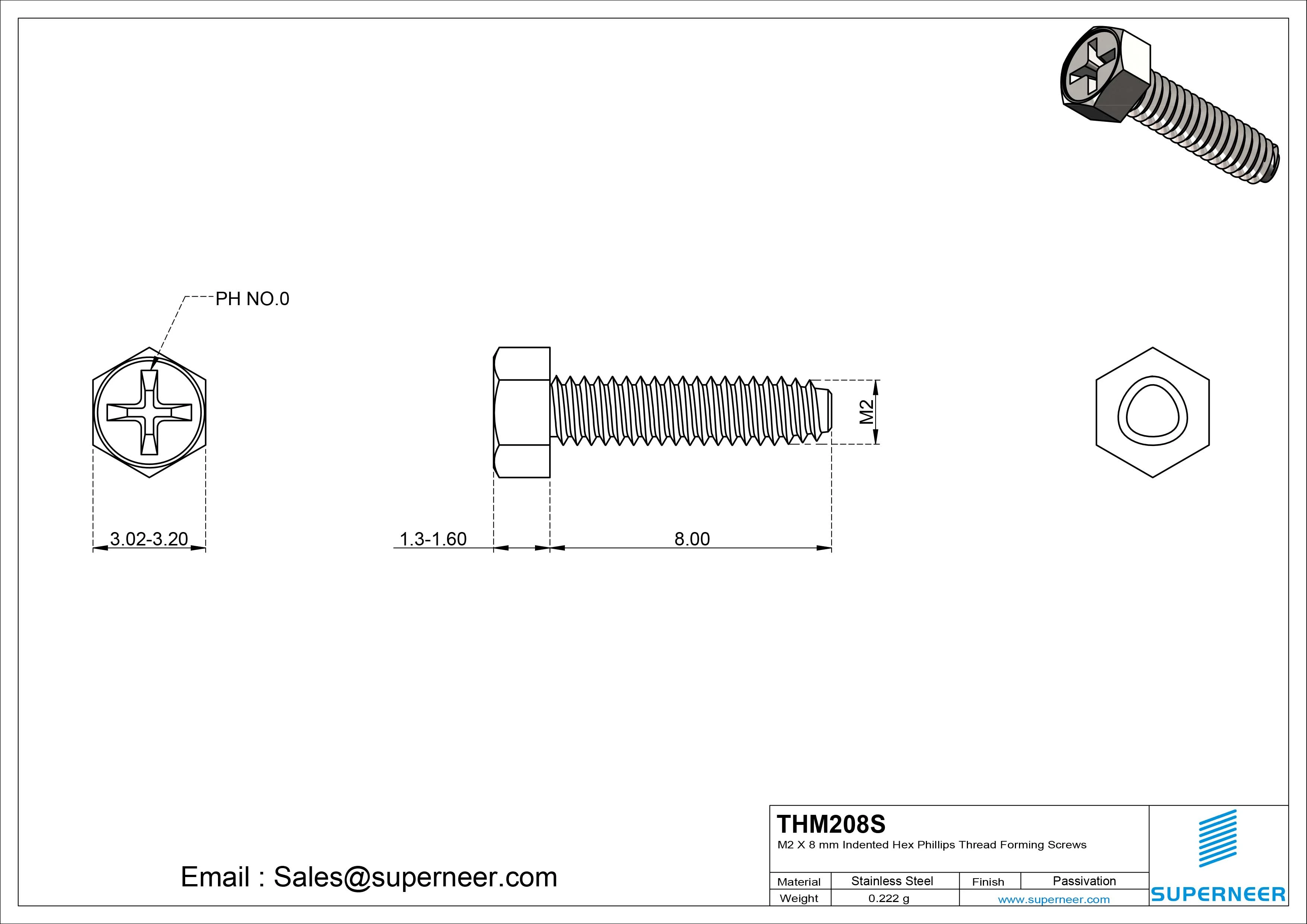 M2 &times; 8mm Indented Hex Phillips Thread Forming Screws for Metal SUS304 Stainless Steel Inox