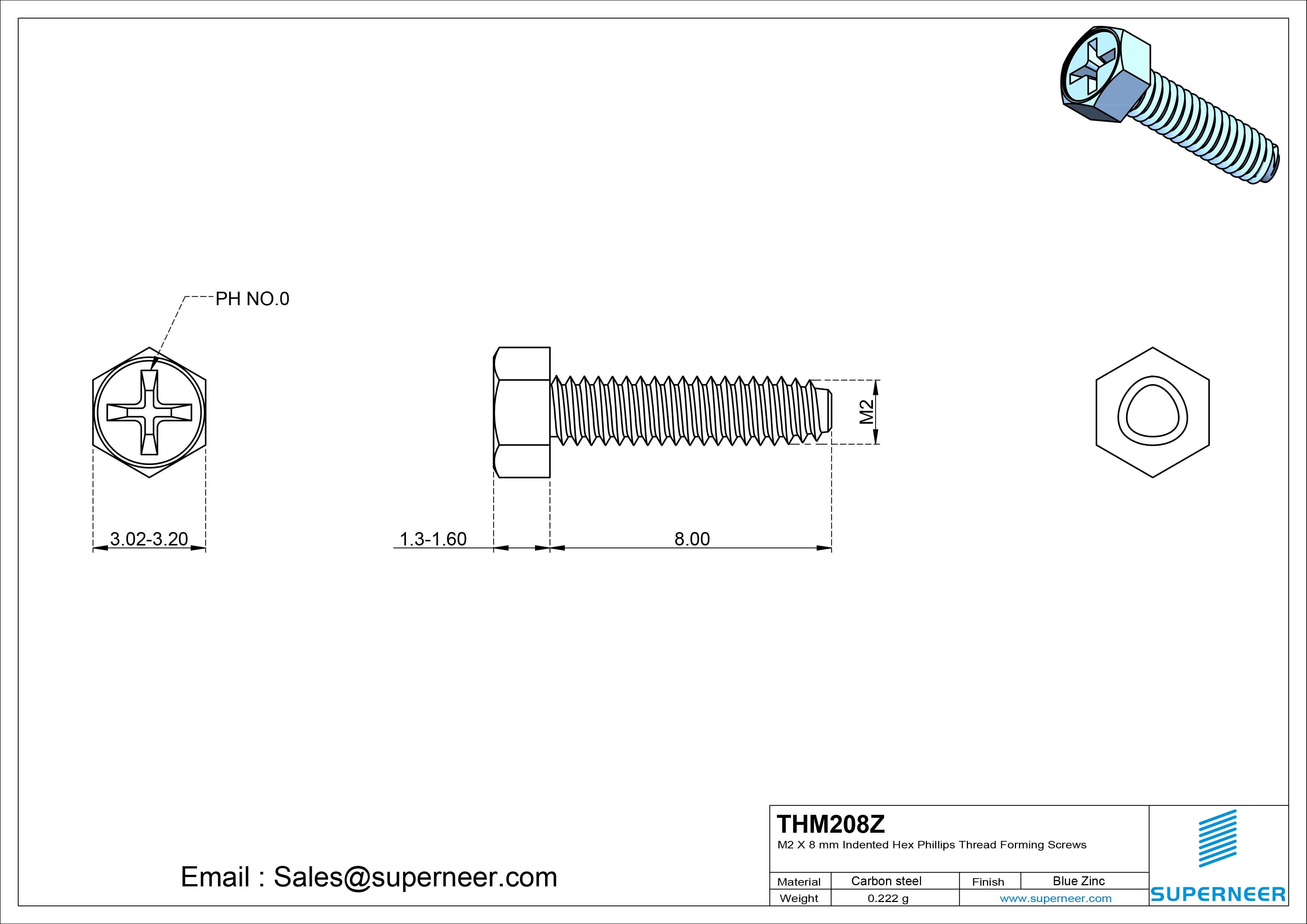 M2 &times; 8mm Indented Hex Phillips Thread Forming Screws for Metal Steel Blue Zinc Plated