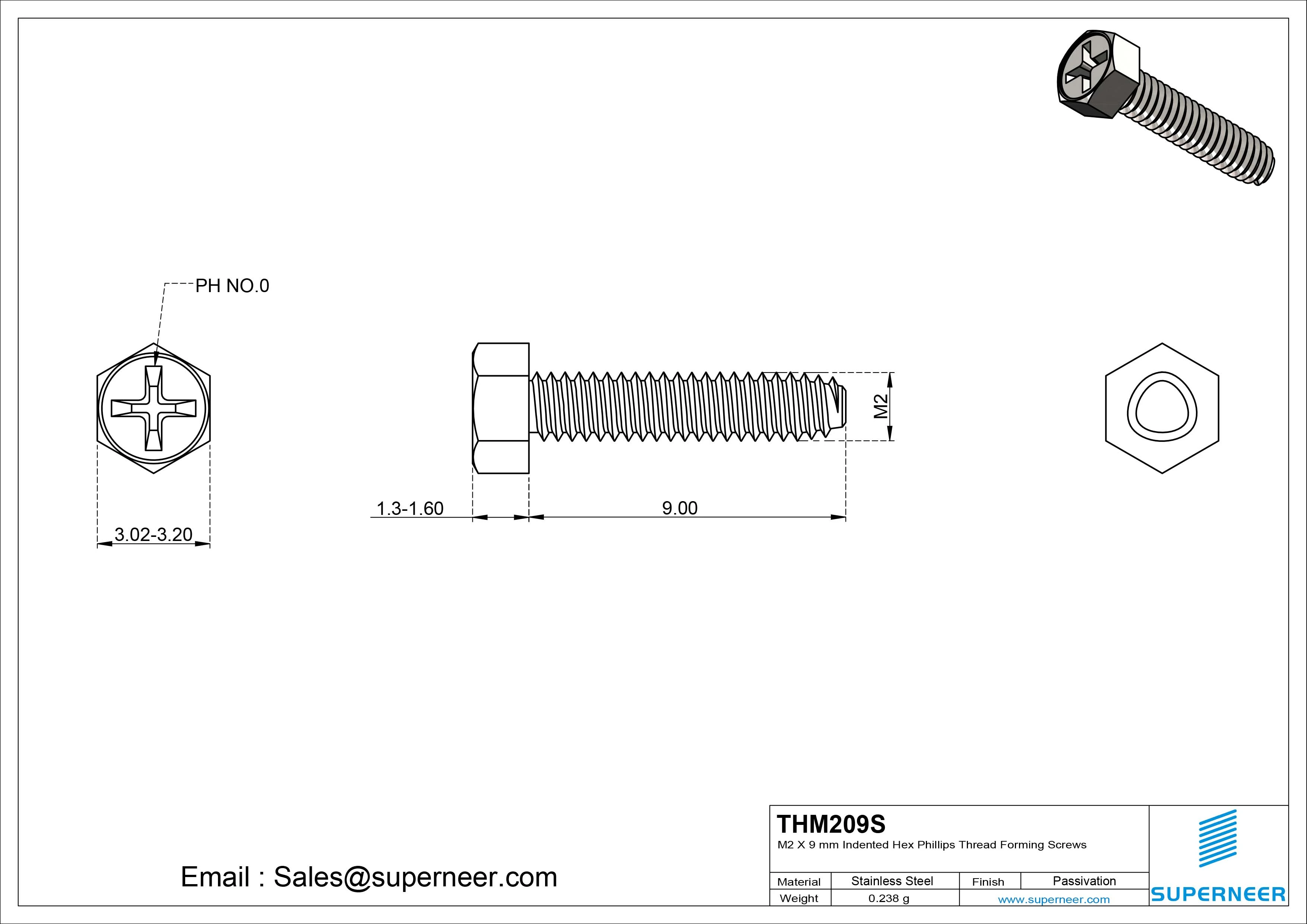 M2 &times; 9mm Indented Hex Phillips Thread Forming Screws for Metal SUS304 Stainless Steel Inox