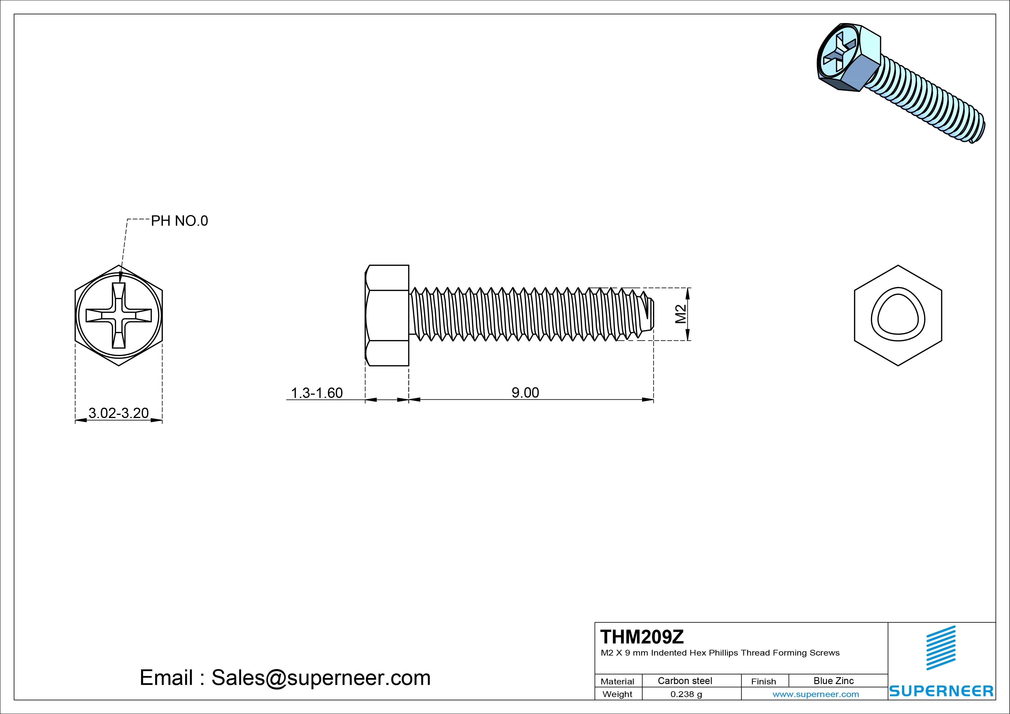 M2 &times; 9mm Indented Hex Phillips Thread Forming Screws for Metal Steel Blue Zinc Plated
