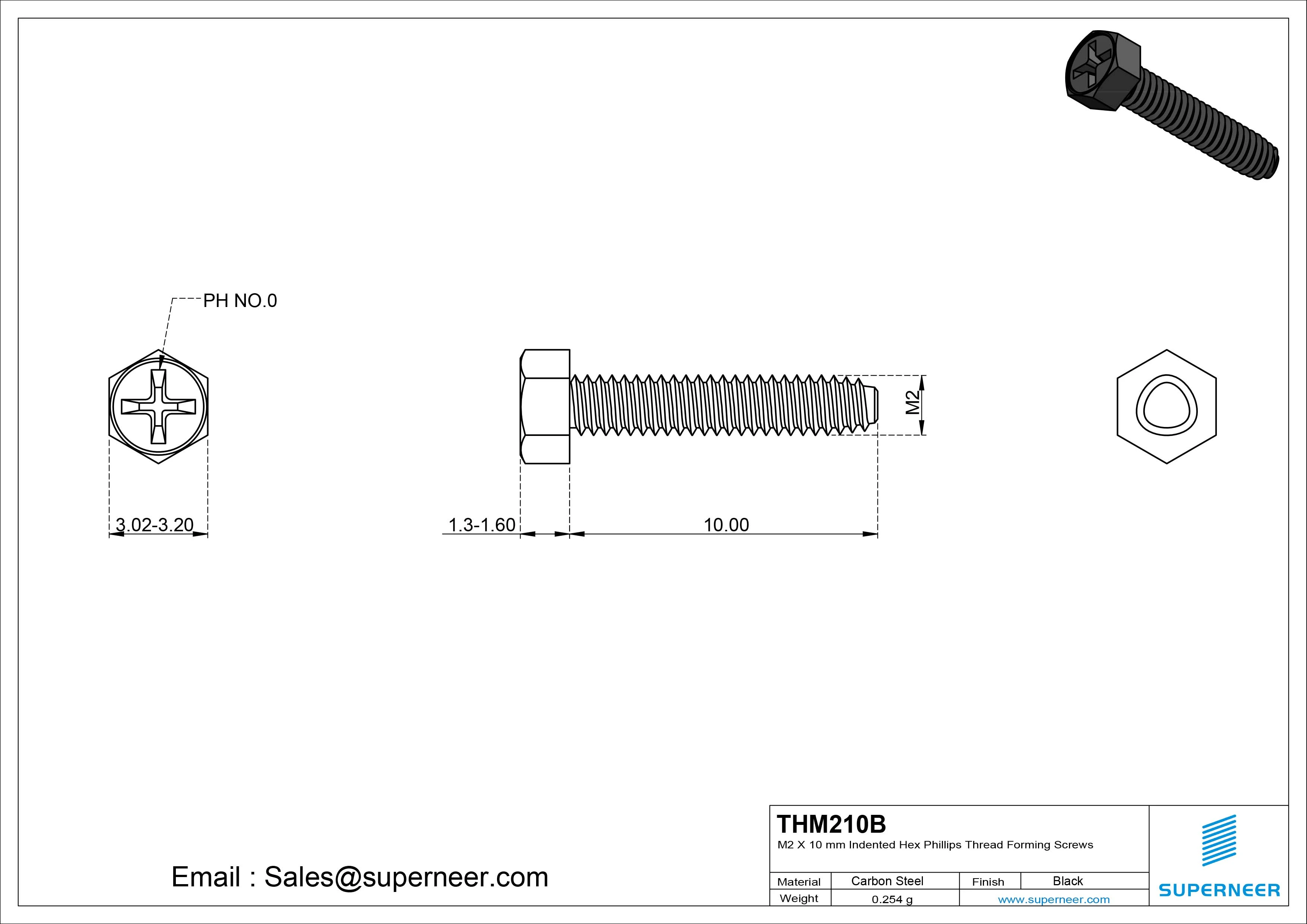 M2 &times; 10mm Indented Hex Phillips Thread Forming Screws for Metal Steel Black
