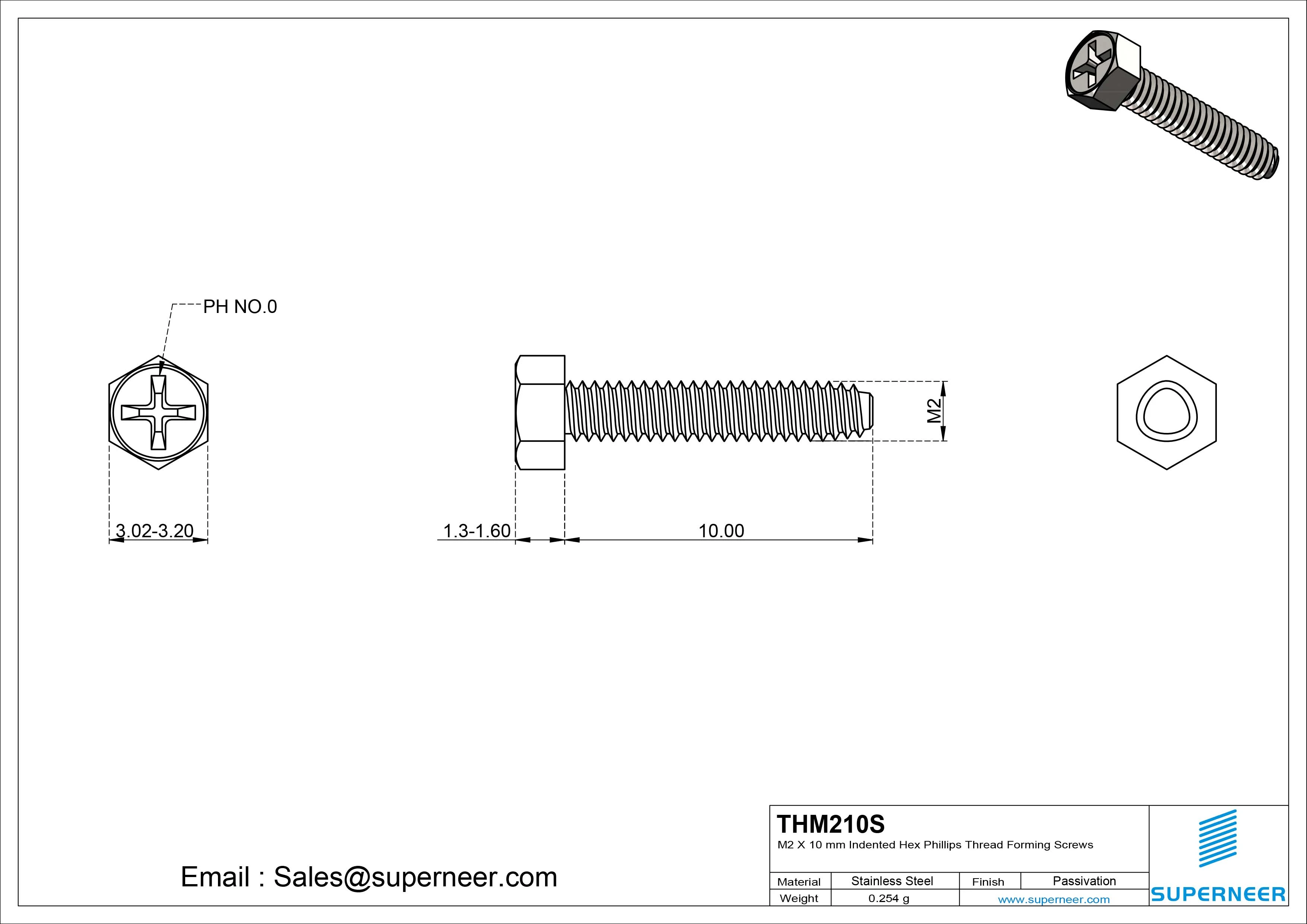 M2 &times; 10mm Indented Hex Phillips Thread Forming Screws for Metal SUS304 Stainless Steel Inox