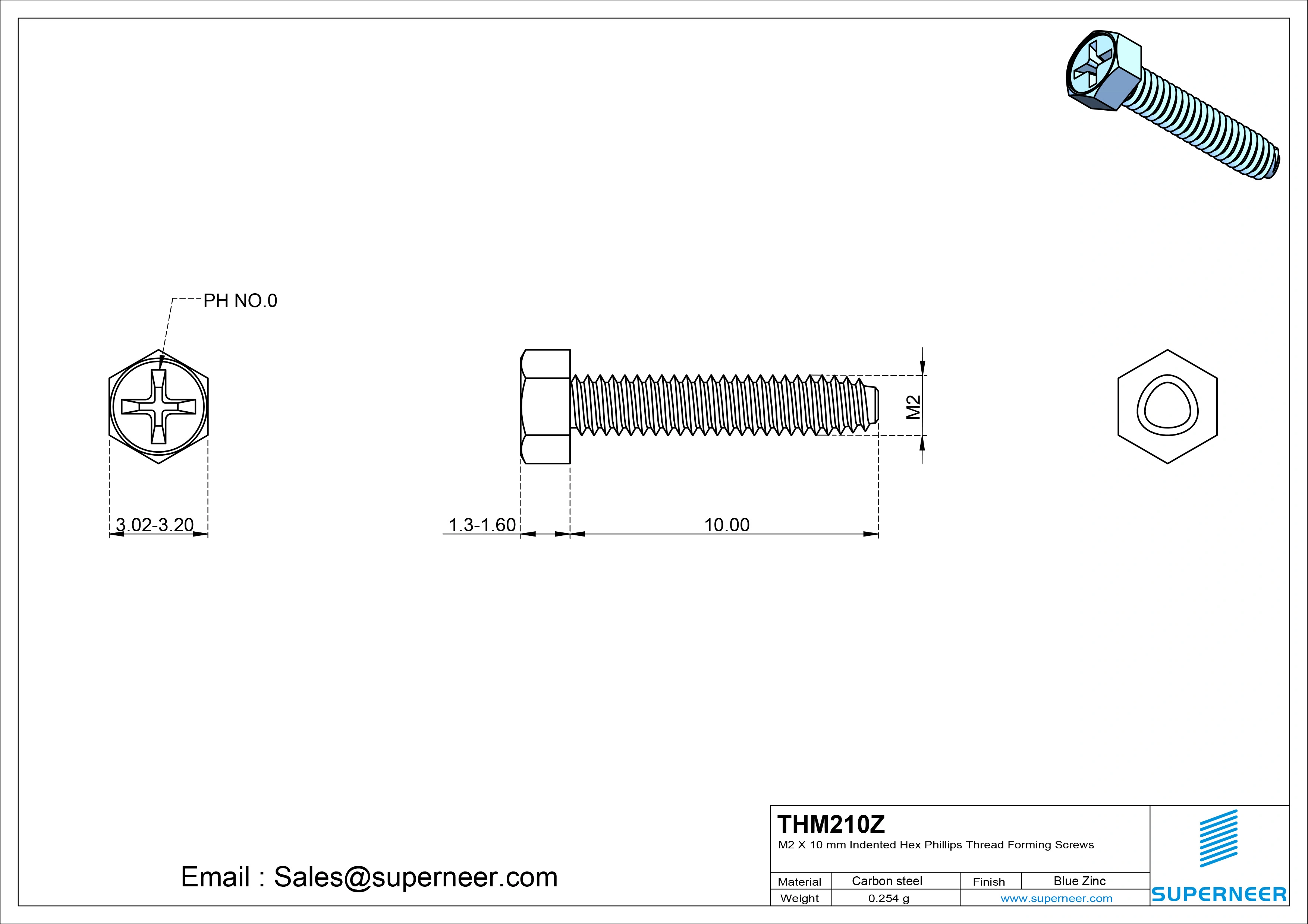 M2 &times; 10mm Indented Hex Phillips Thread Forming Screws for Metal Steel Blue Zinc Plated