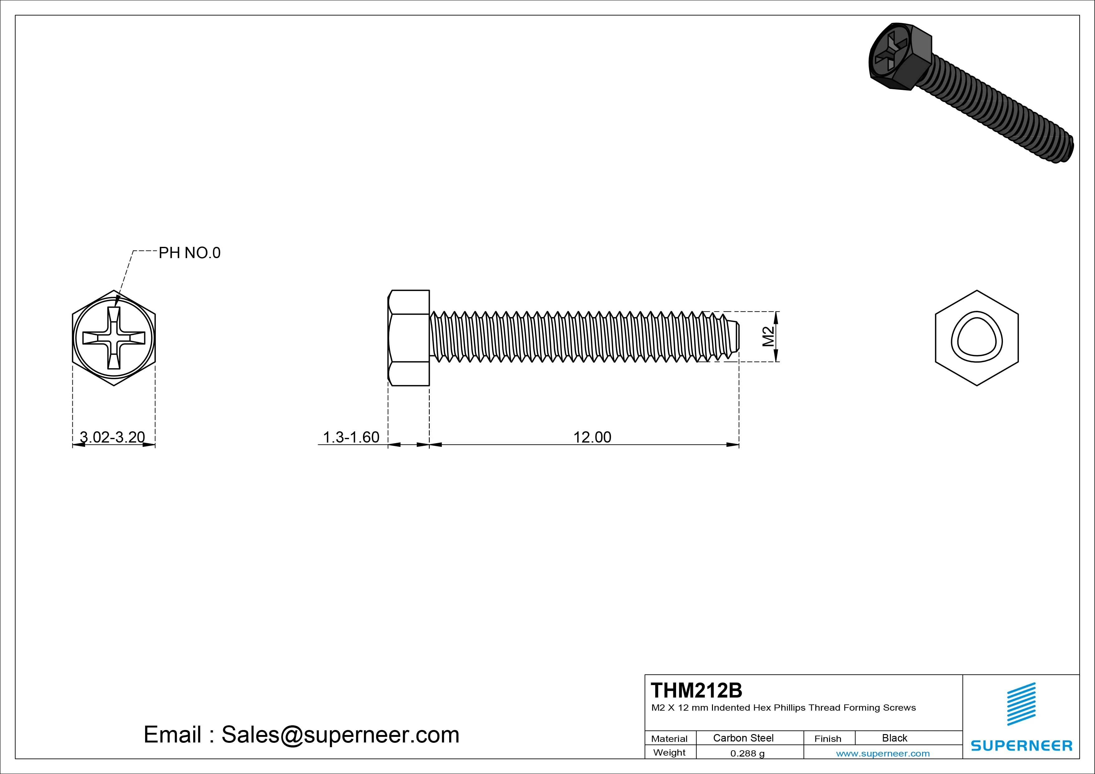 M2 &times; 12mm Indented Hex Phillips Thread Forming Screws for Metal Steel Black