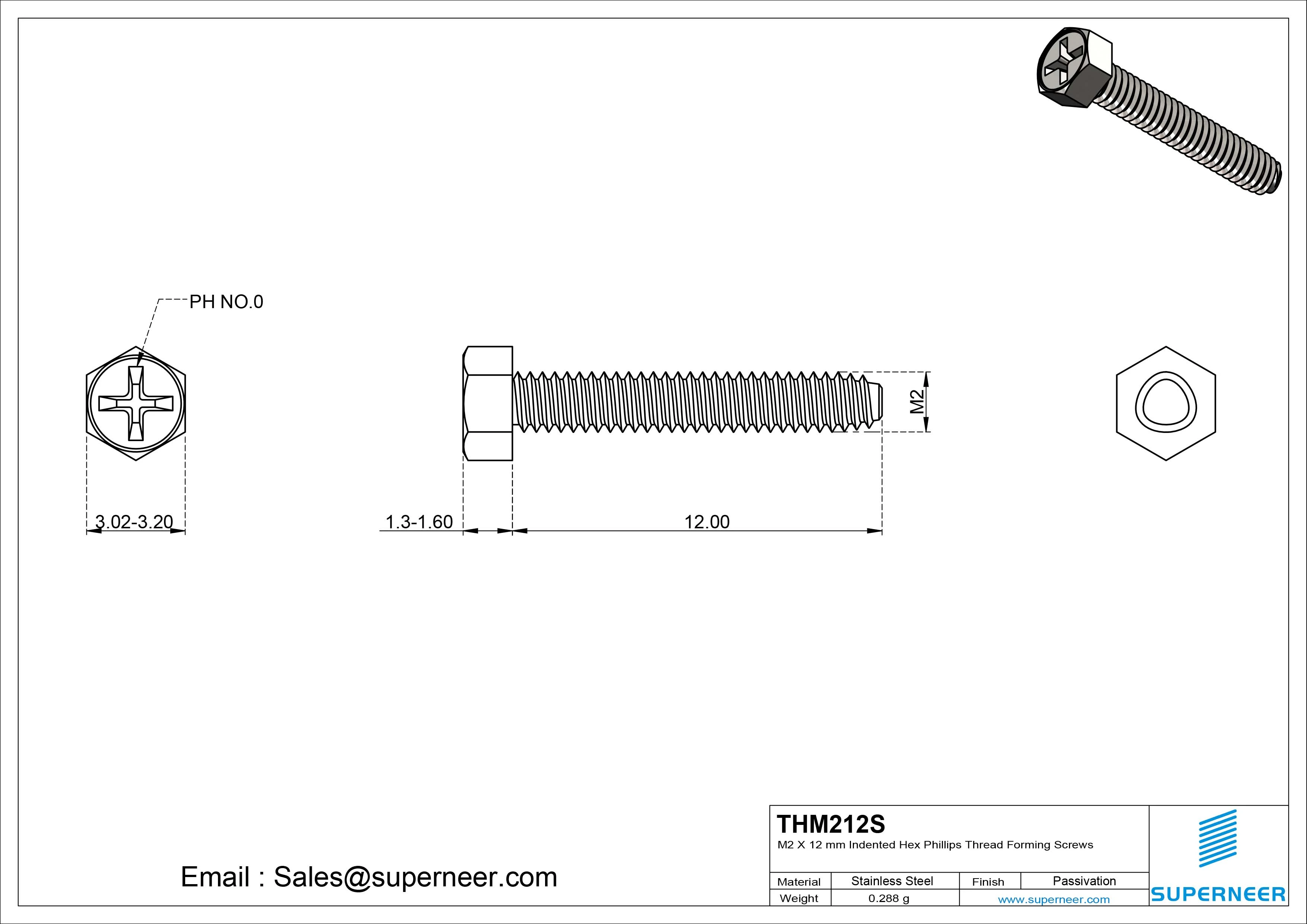 M2 &times; 12mm Indented Hex Phillips Thread Forming Screws for Metal SUS304 Stainless Steel Inox