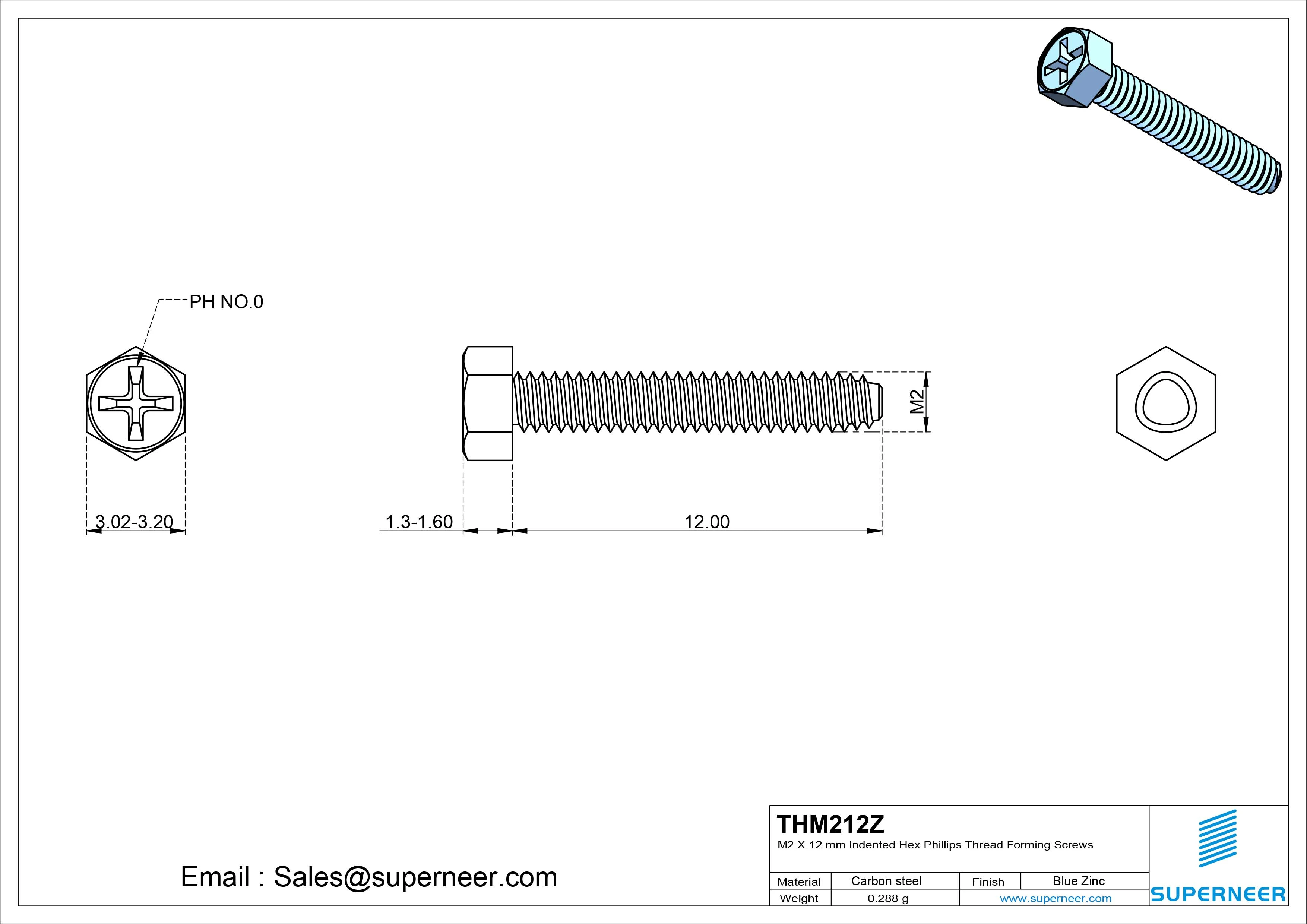 M2 &times; 12mm Indented Hex Phillips Thread Forming Screws for Metal Steel Blue Zinc Plated