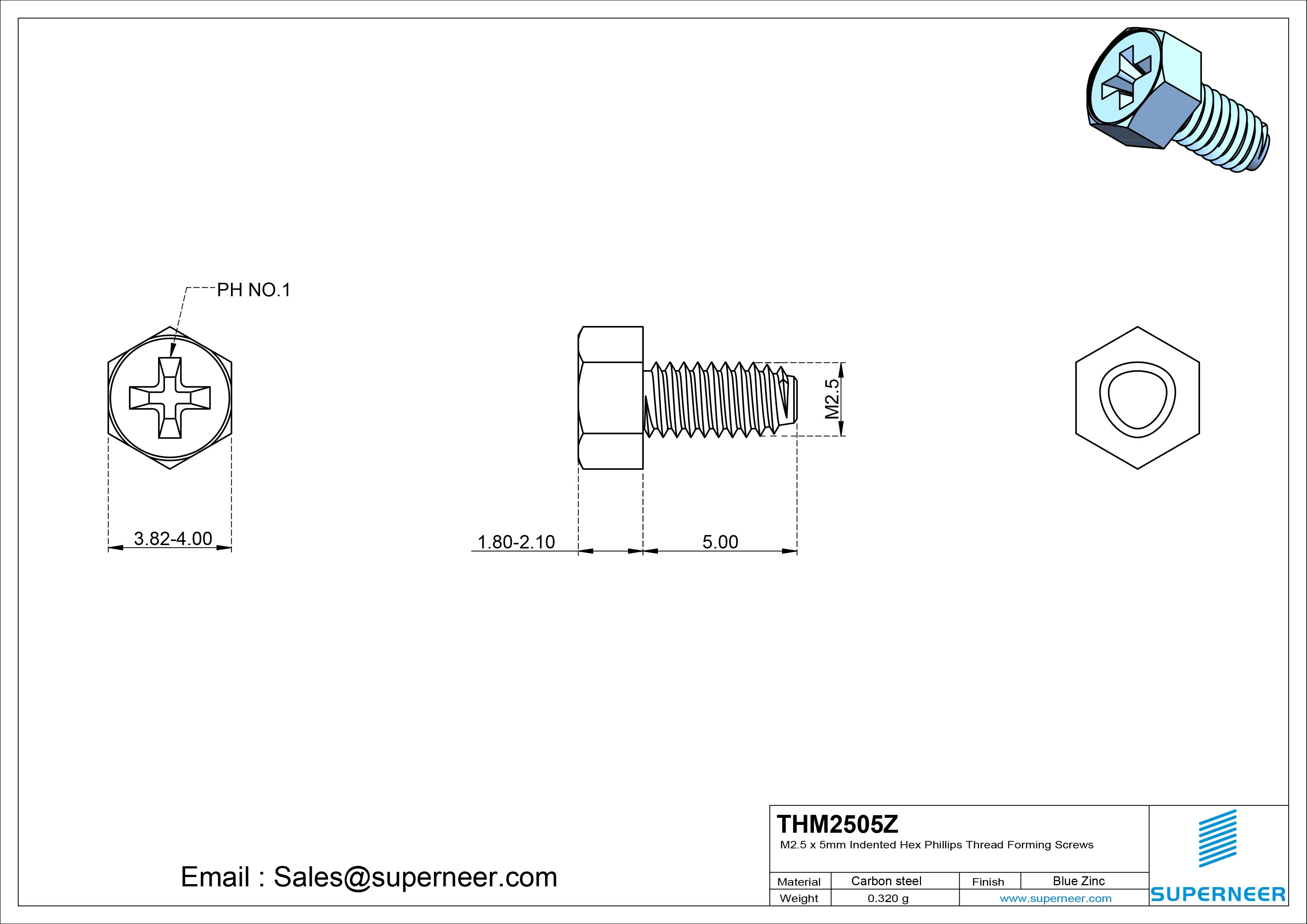M2.5 &times; 5mm Indented Hex Phillips Thread Forming Screws for Metal Steel Blue Zinc Plated