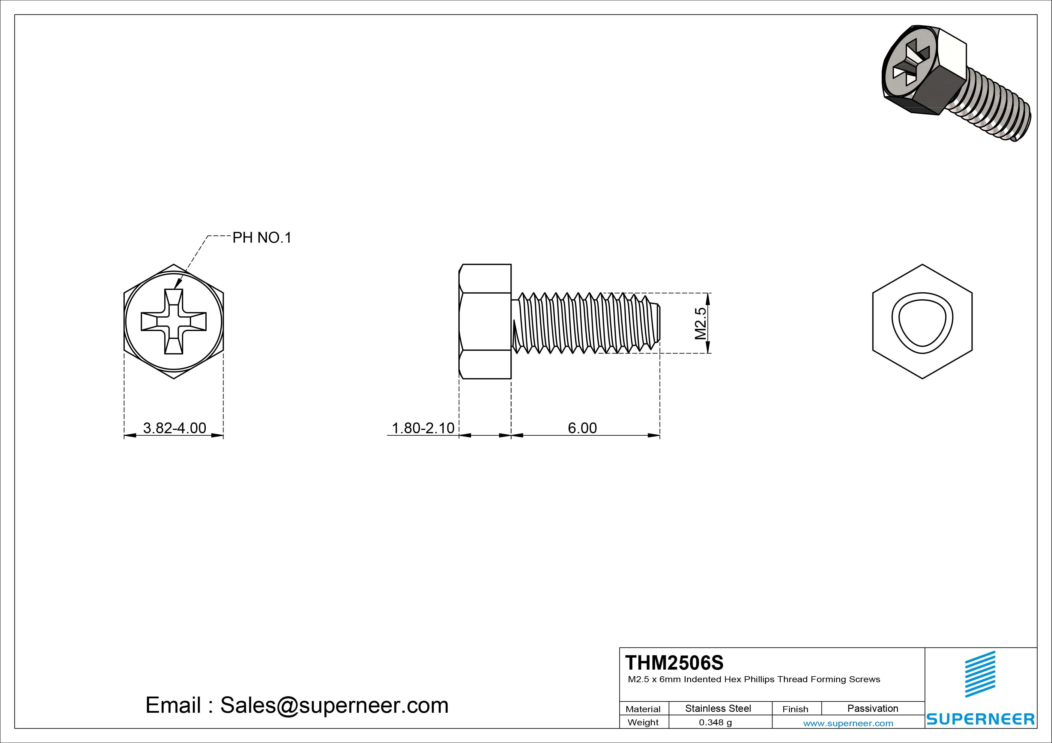 M2.5 &times; 6mm Indented Hex Phillips Thread Forming Screws for Metal SUS304 Stainless Steel Inox