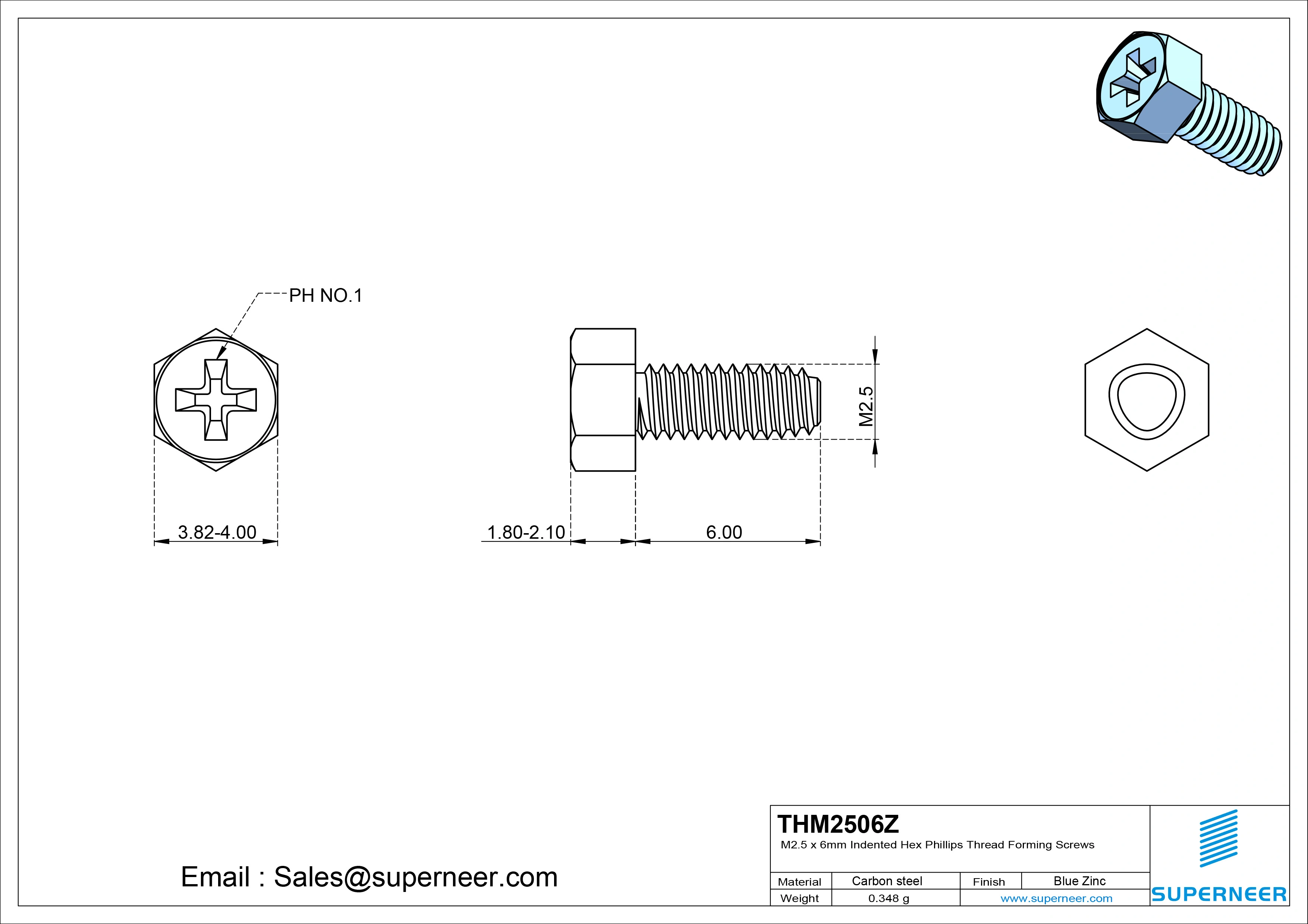 M2.5 &times; 6mm Indented Hex Phillips Thread Forming Screws for Metal Steel Blue Zinc Plated