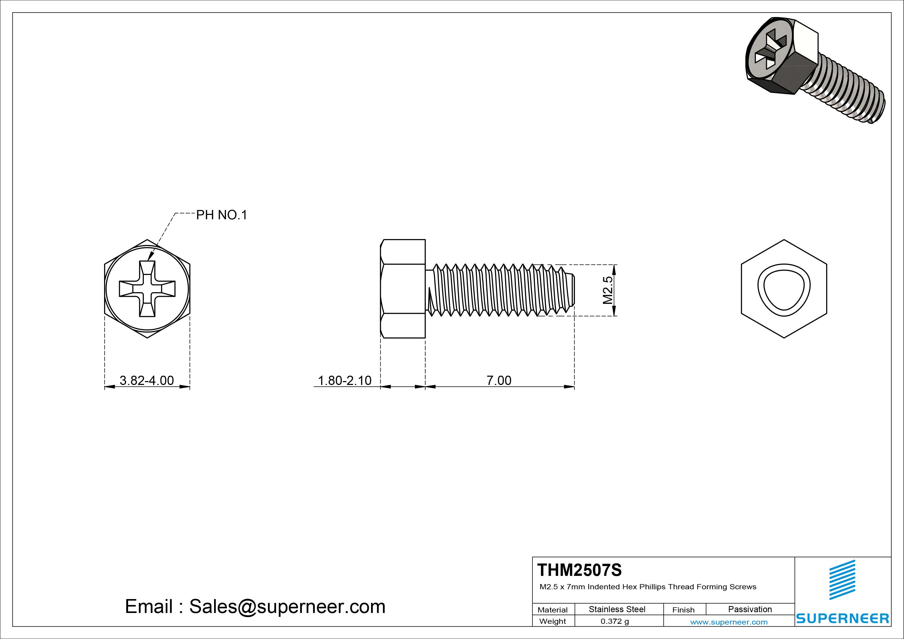M2.5 &times; 7mm Indented Hex Phillips Thread Forming Screws for Metal SUS304 Stainless Steel Inox
