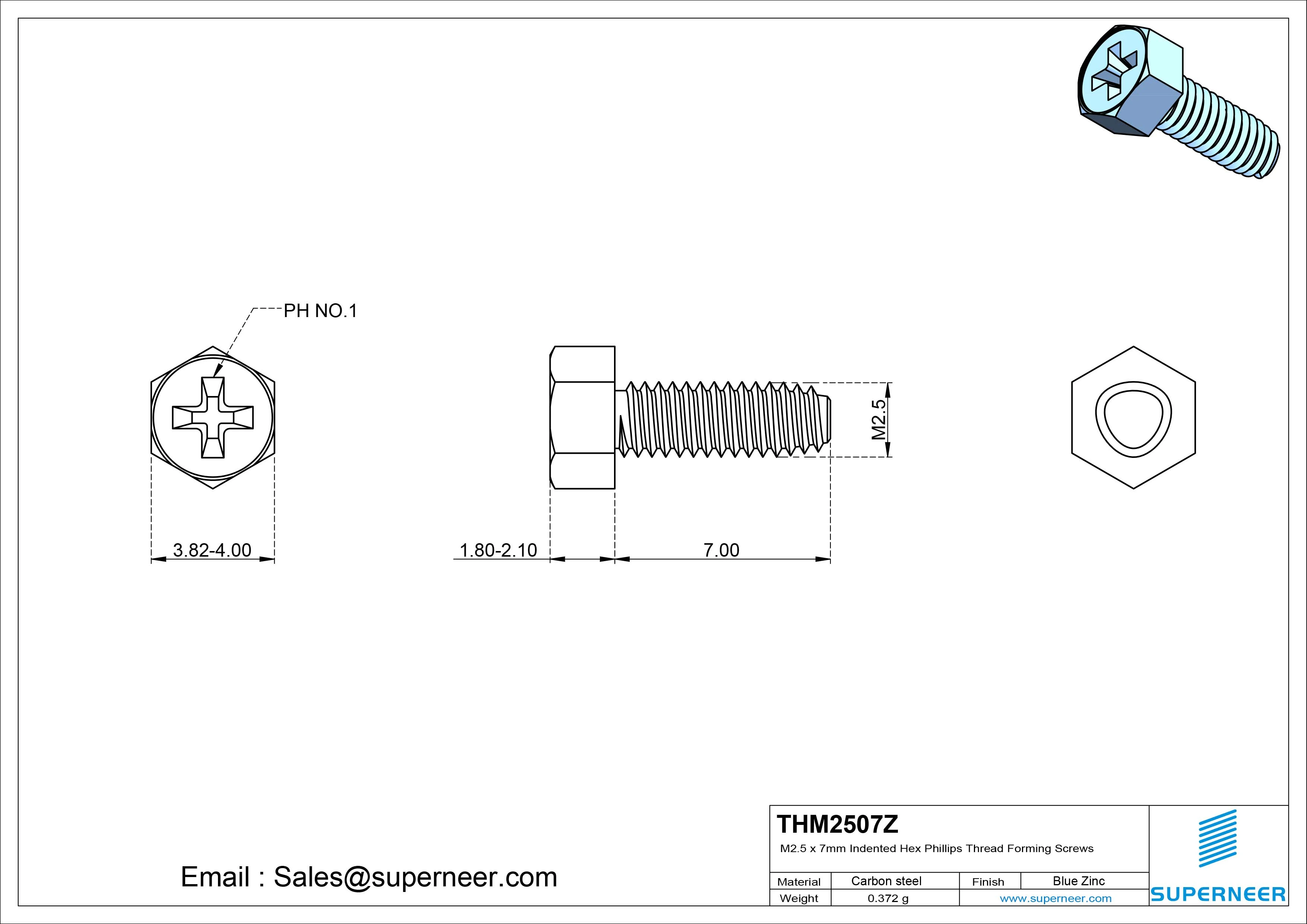 M2.5 &times; 7mm Indented Hex Phillips Thread Forming Screws for Metal Steel Blue Zinc Plated