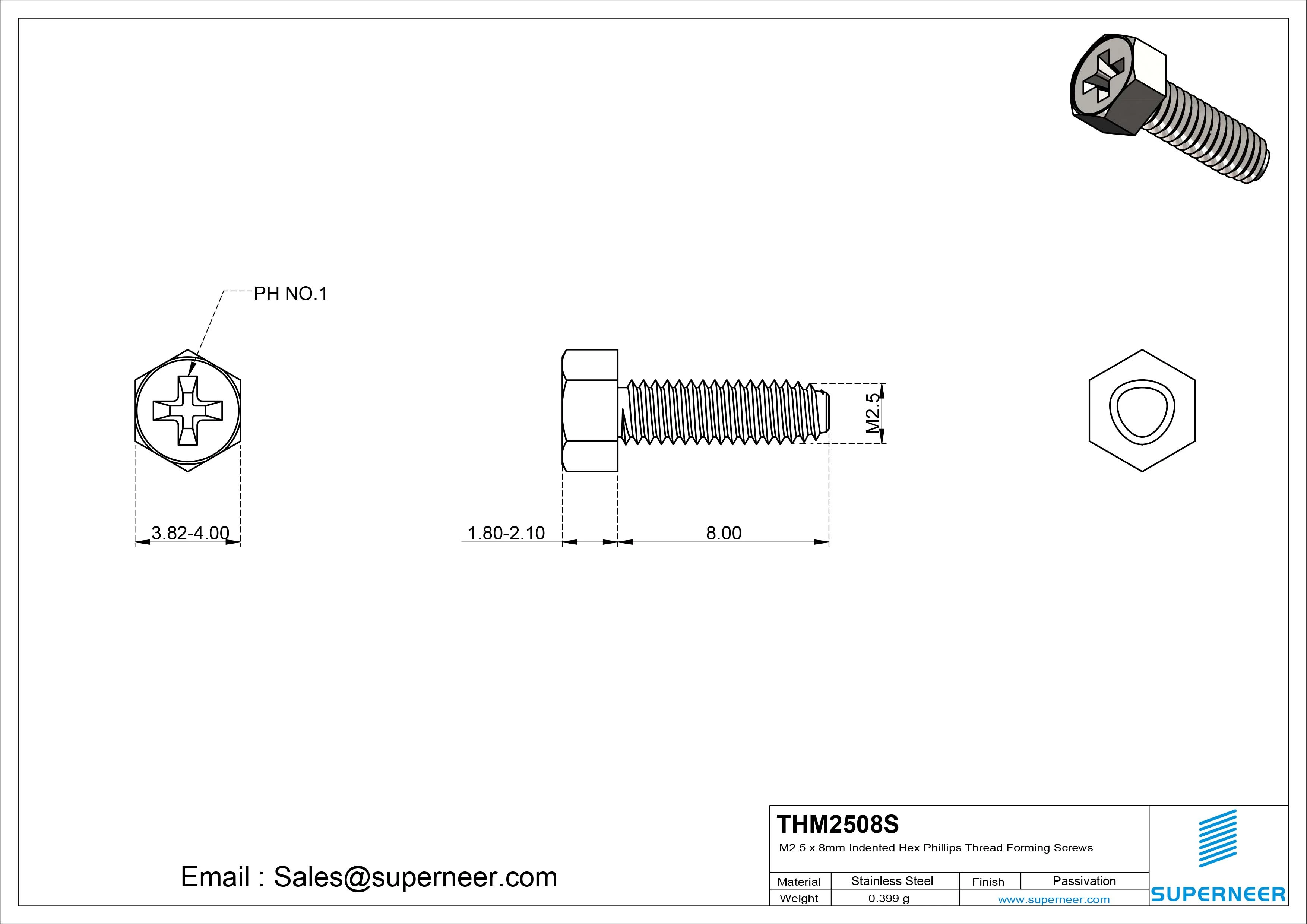 M2.5 &times; 8mm Indented Hex Phillips Thread Forming Screws for Metal SUS304 Stainless Steel Inox