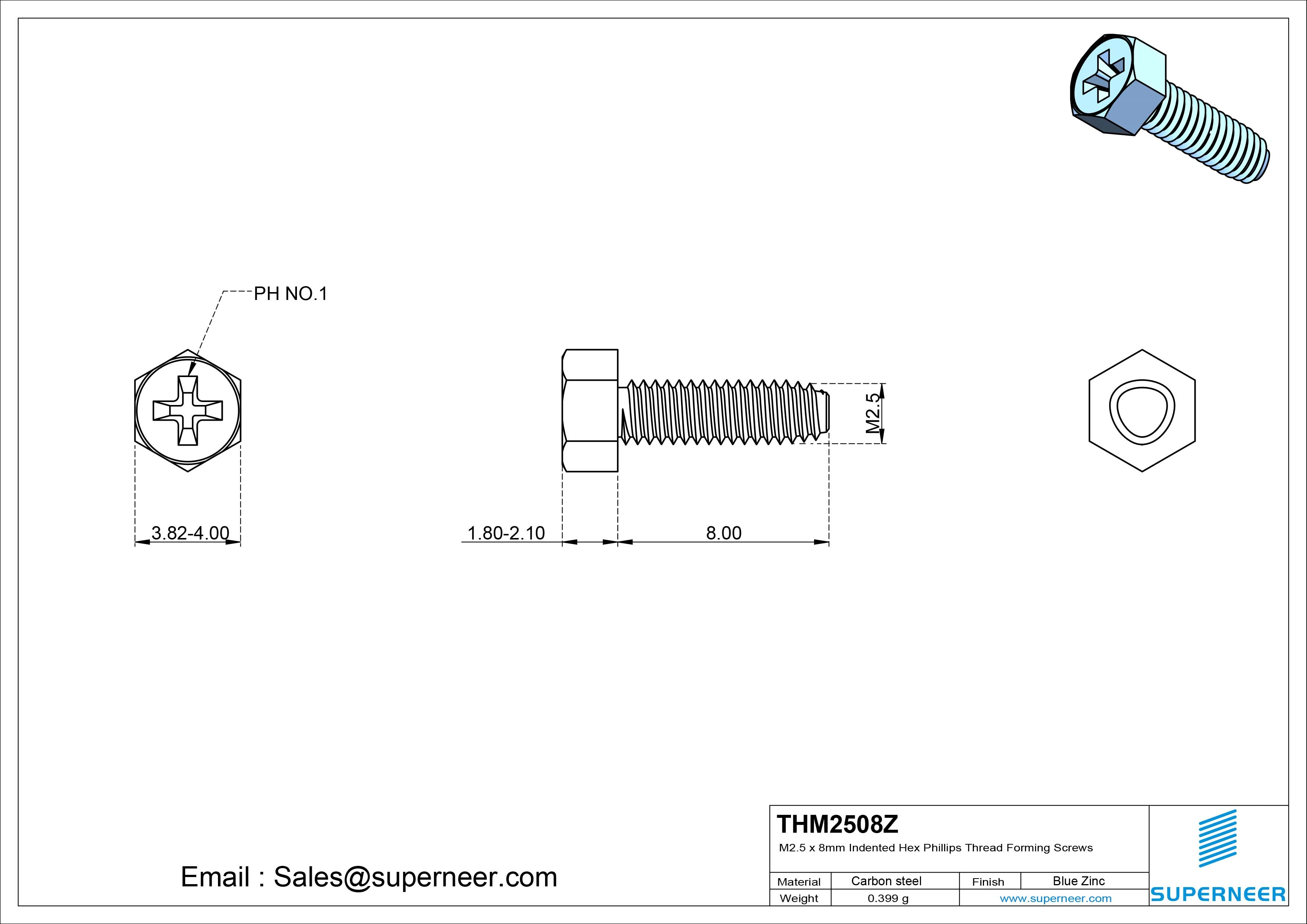 M2.5 &times; 8mm Indented Hex Phillips Thread Forming Screws for Metal Steel Blue Zinc Plated