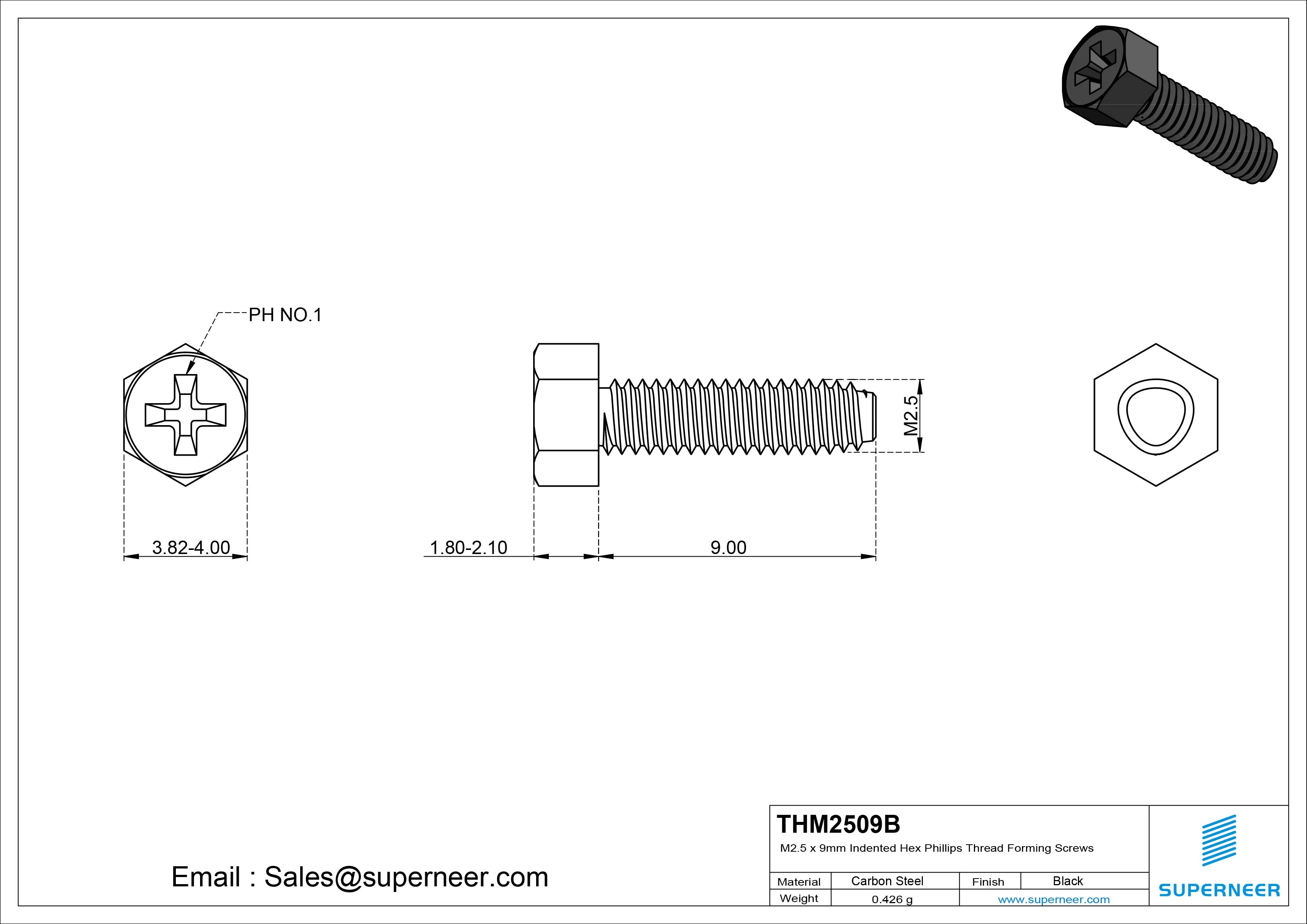 M2.5 &times; 9mm Indented Hex Phillips Thread Forming Screws for Metal Steel Black