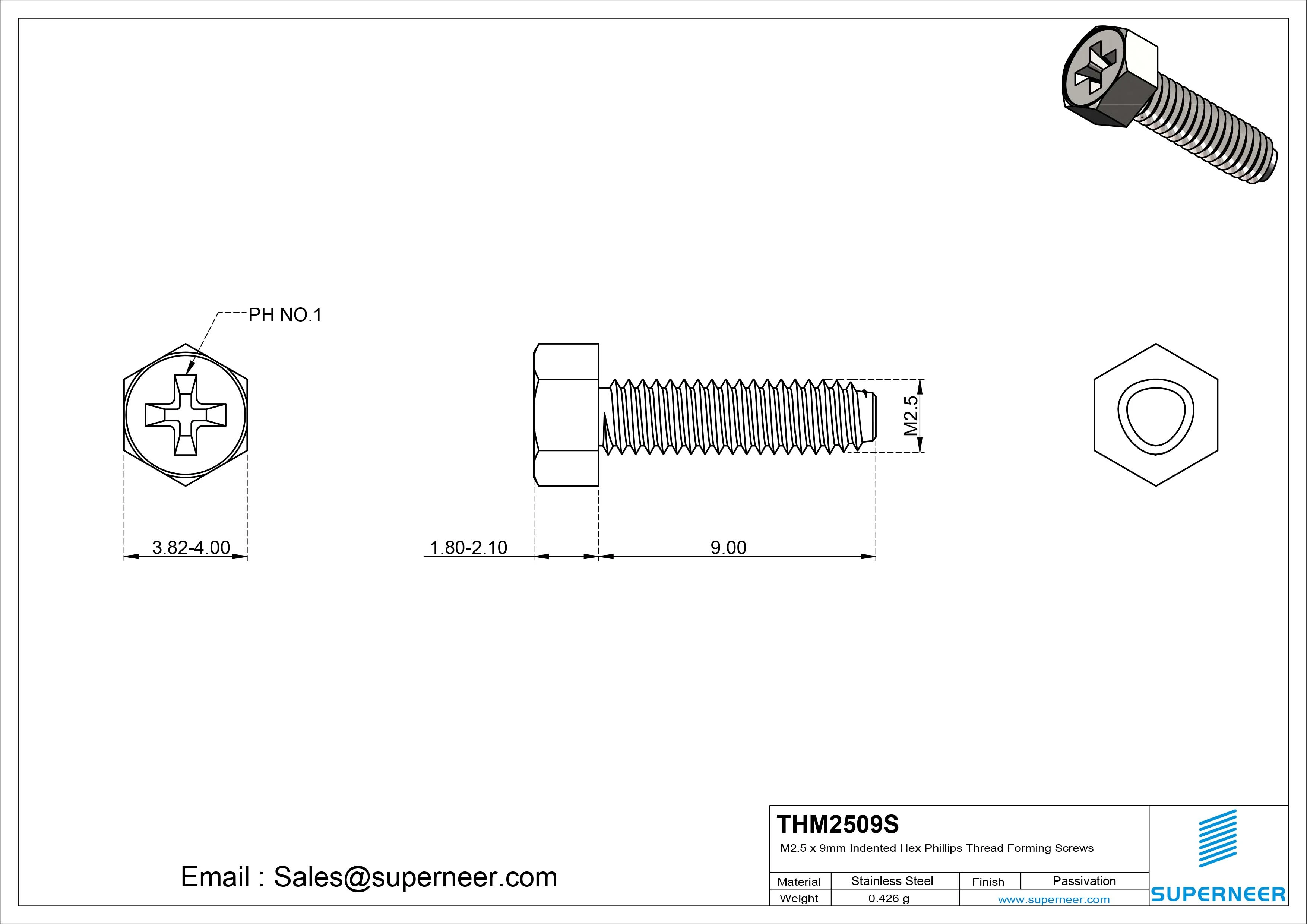 M2.5 &times; 9mm Indented Hex Phillips Thread Forming Screws for Metal SUS304 Stainless Steel Inox