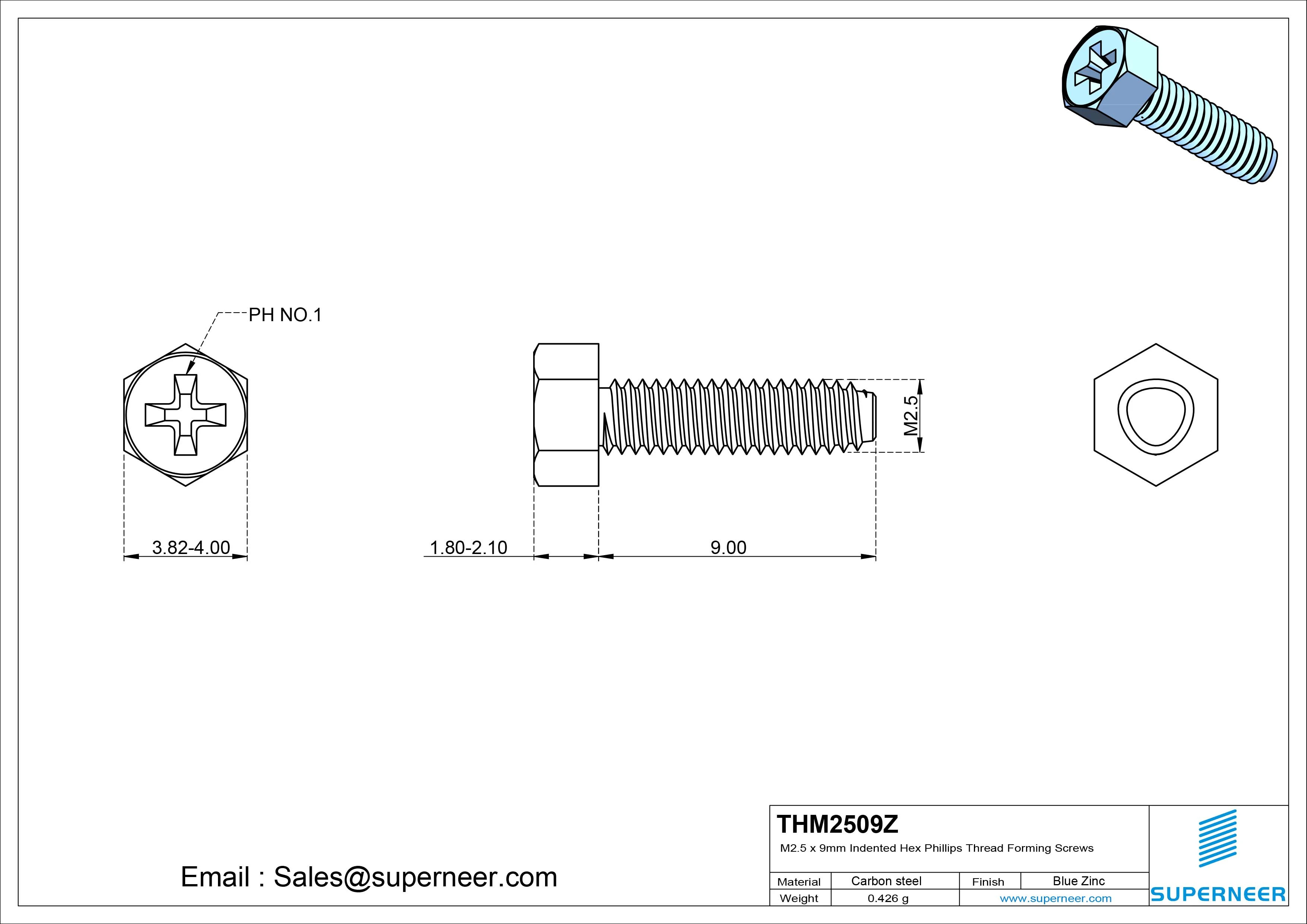 M2.5 &times; 9mm Indented Hex Phillips Thread Forming Screws for Metal Steel Blue Zinc Plated
