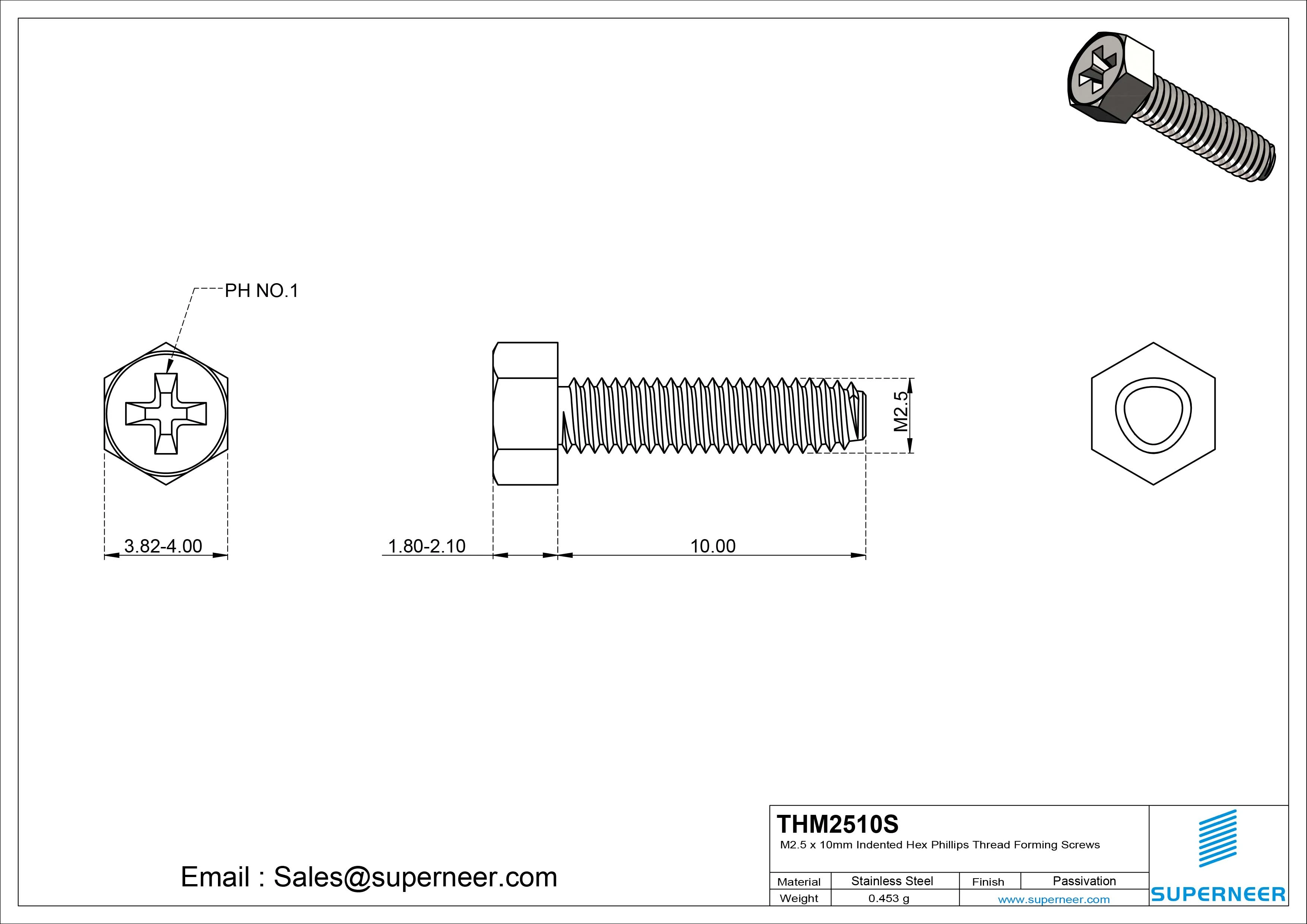 M2.5 &times; 10mm Indented Hex Phillips Thread Forming Screws for Metal SUS304 Stainless Steel Inox