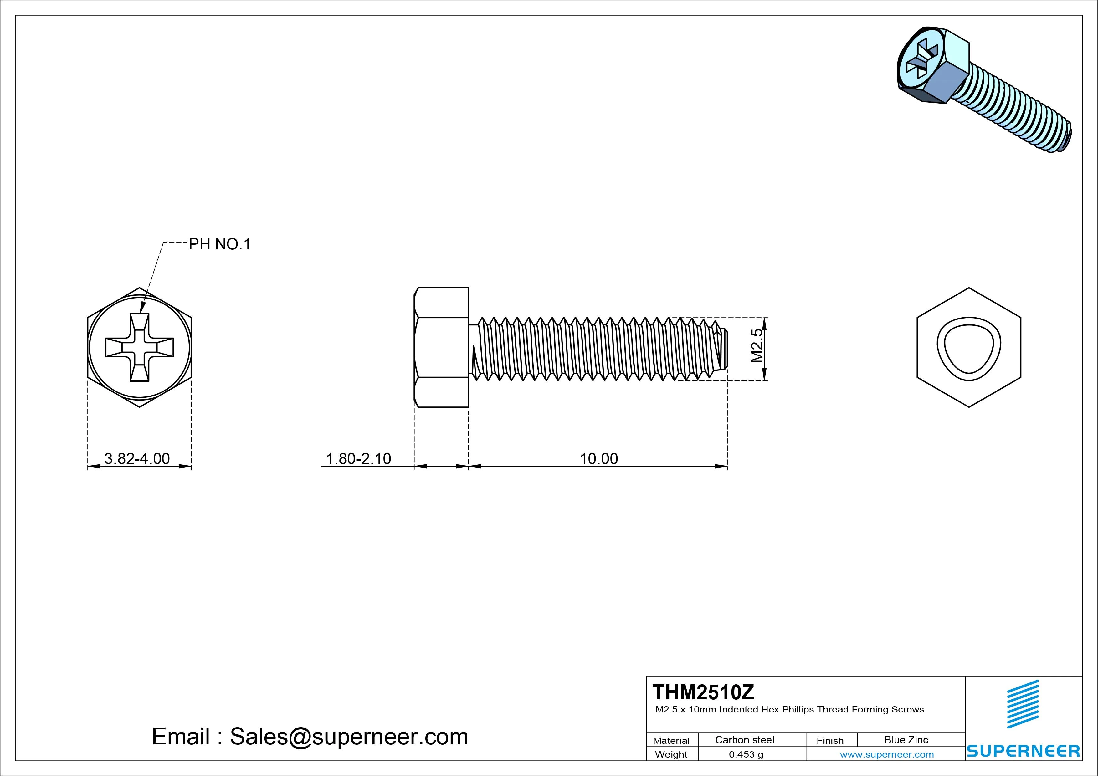 M2.5 &times; 10mm Indented Hex Phillips Thread Forming Screws for Metal Steel Blue Zinc Plated