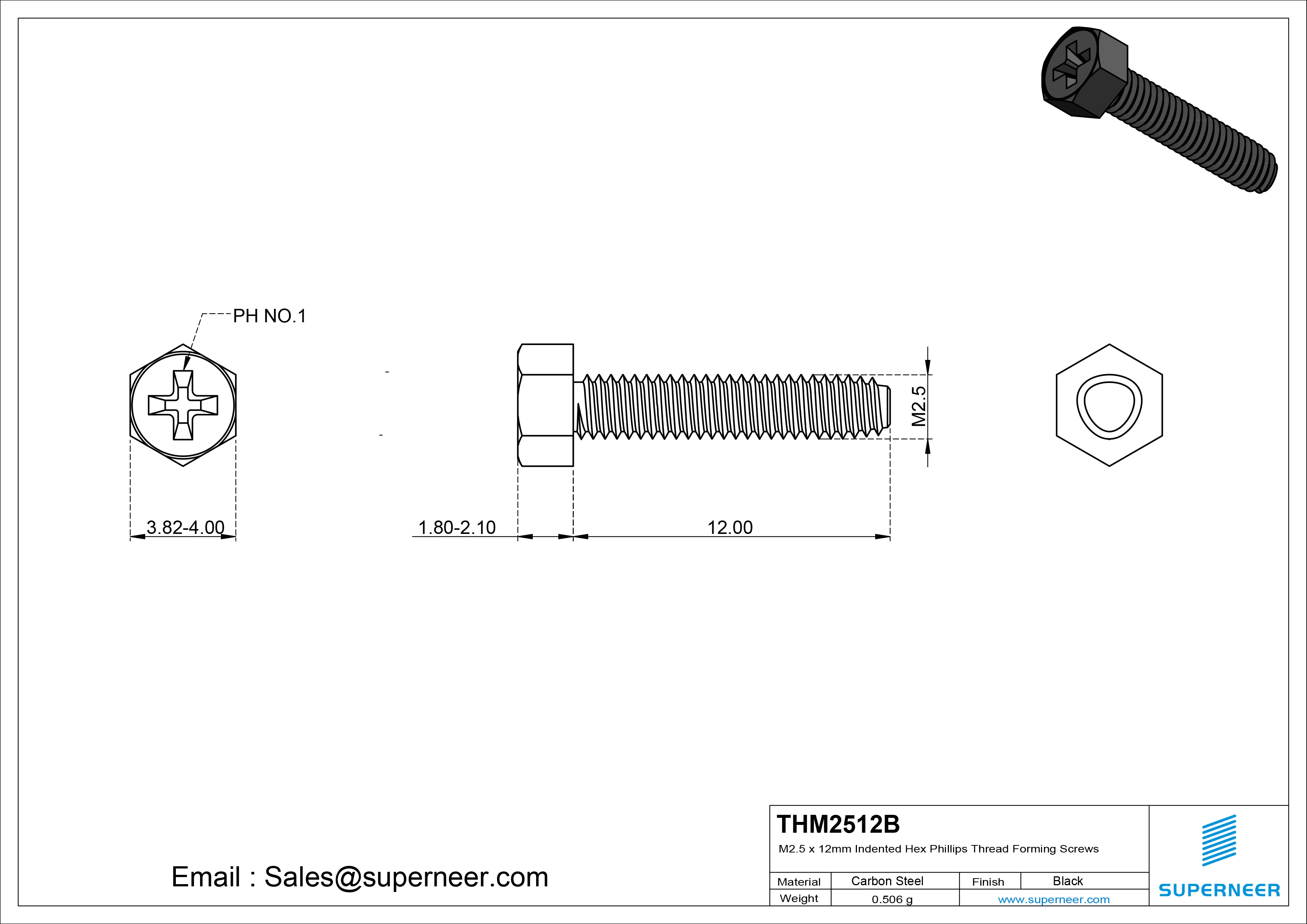 M2.5 &times; 12mm Indented Hex Phillips Thread Forming Screws for Metal Steel Black