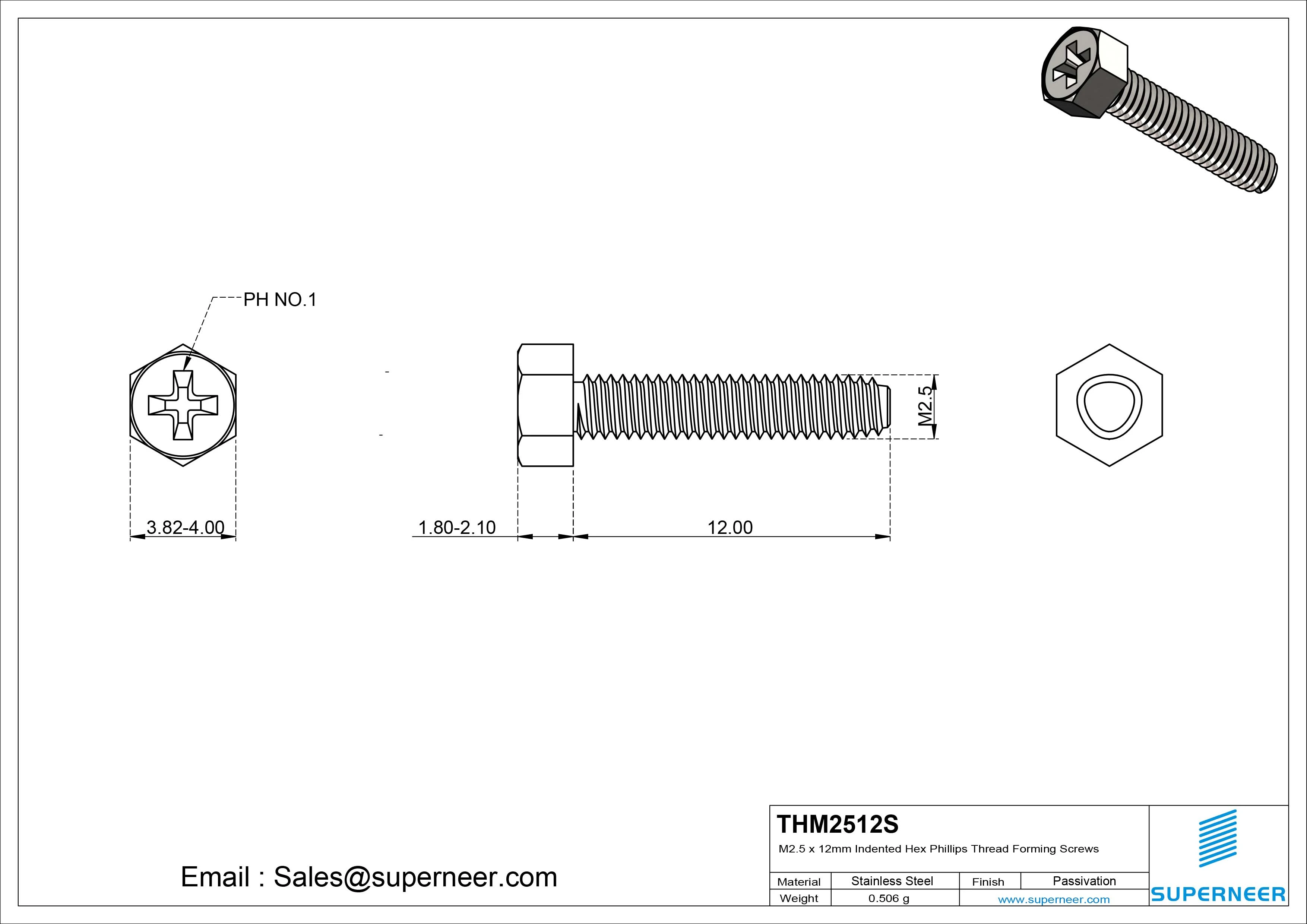 M2.5 &times; 12mm Indented Hex Phillips Thread Forming Screws for Metal SUS304 Stainless Steel Inox