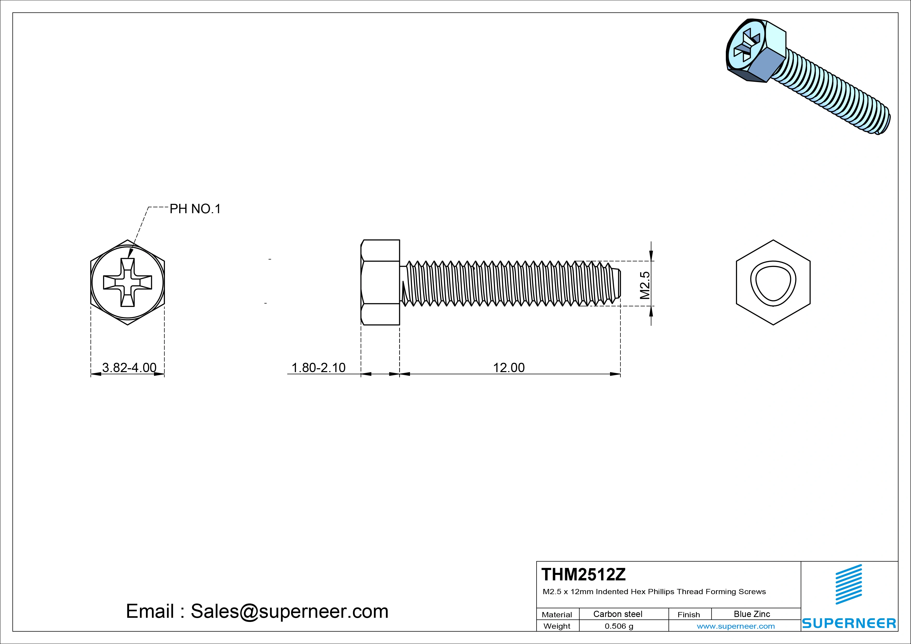 M2.5 &times; 12mm Indented Hex Phillips Thread Forming Screws for Metal Steel Blue Zinc Plated