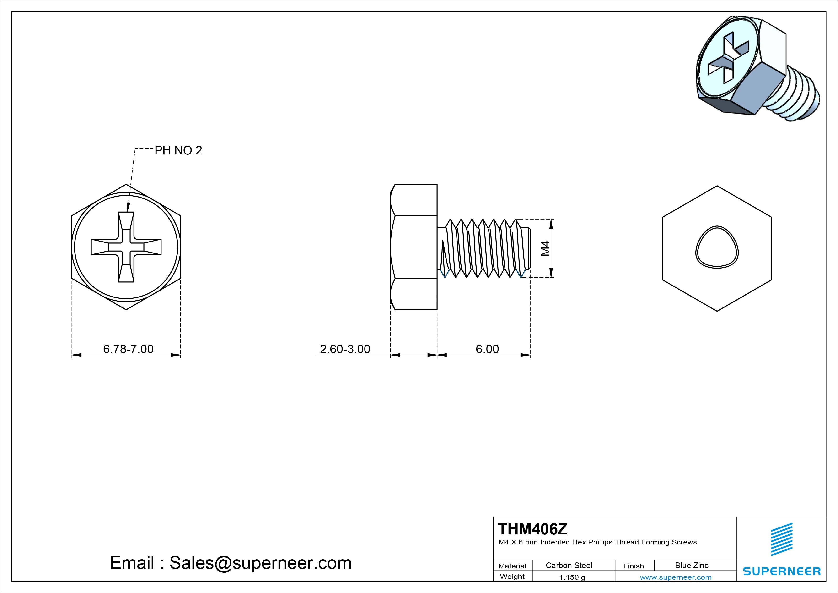 M4 × 6mm Indented Hex Phillips Thread Forming Screws for Metal Steel Blue Zinc Plated
