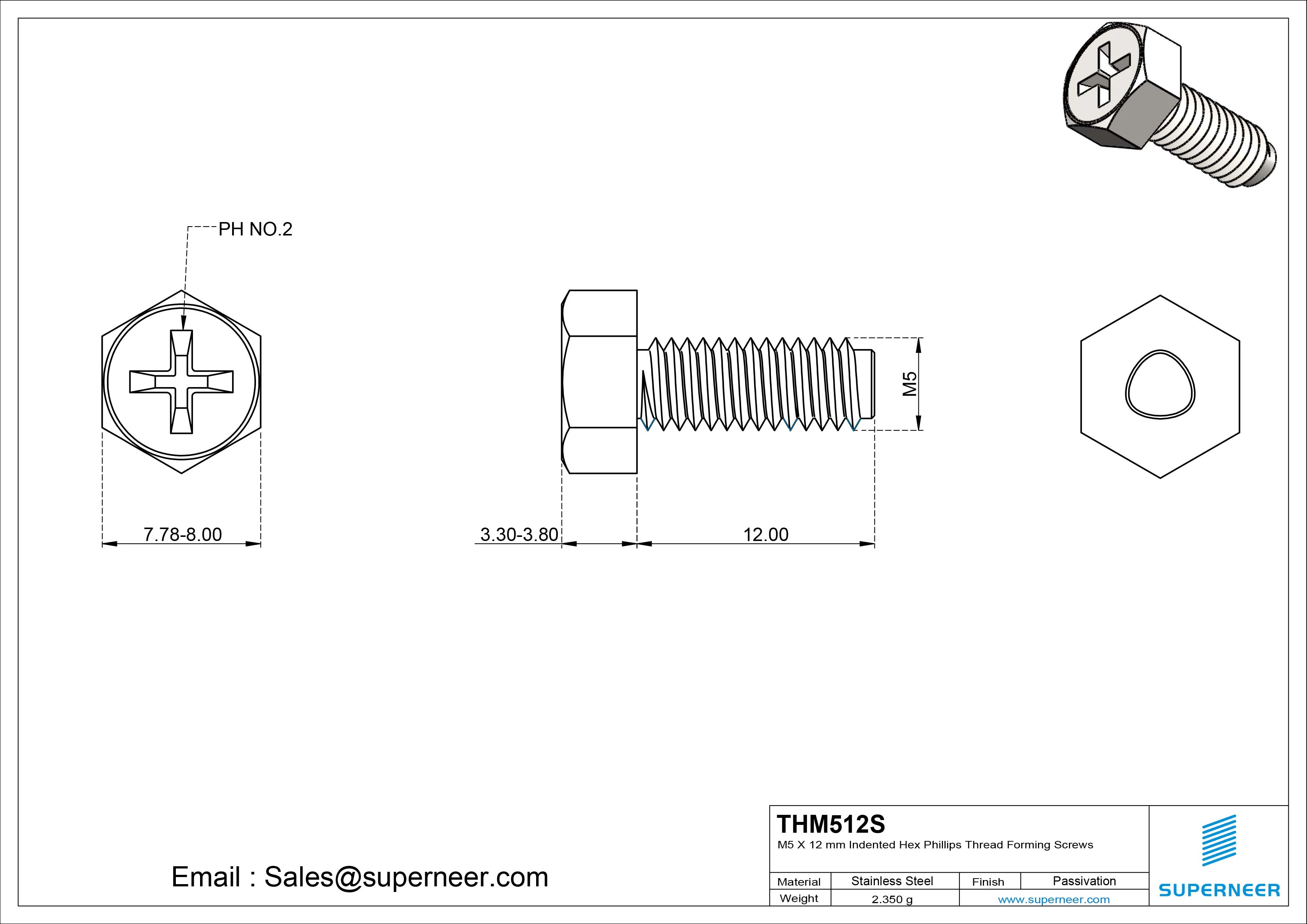 M5 × 12mm Indented Hex Phillips Thread Forming Screws for Metal SUS304 Stainless Steel Inox