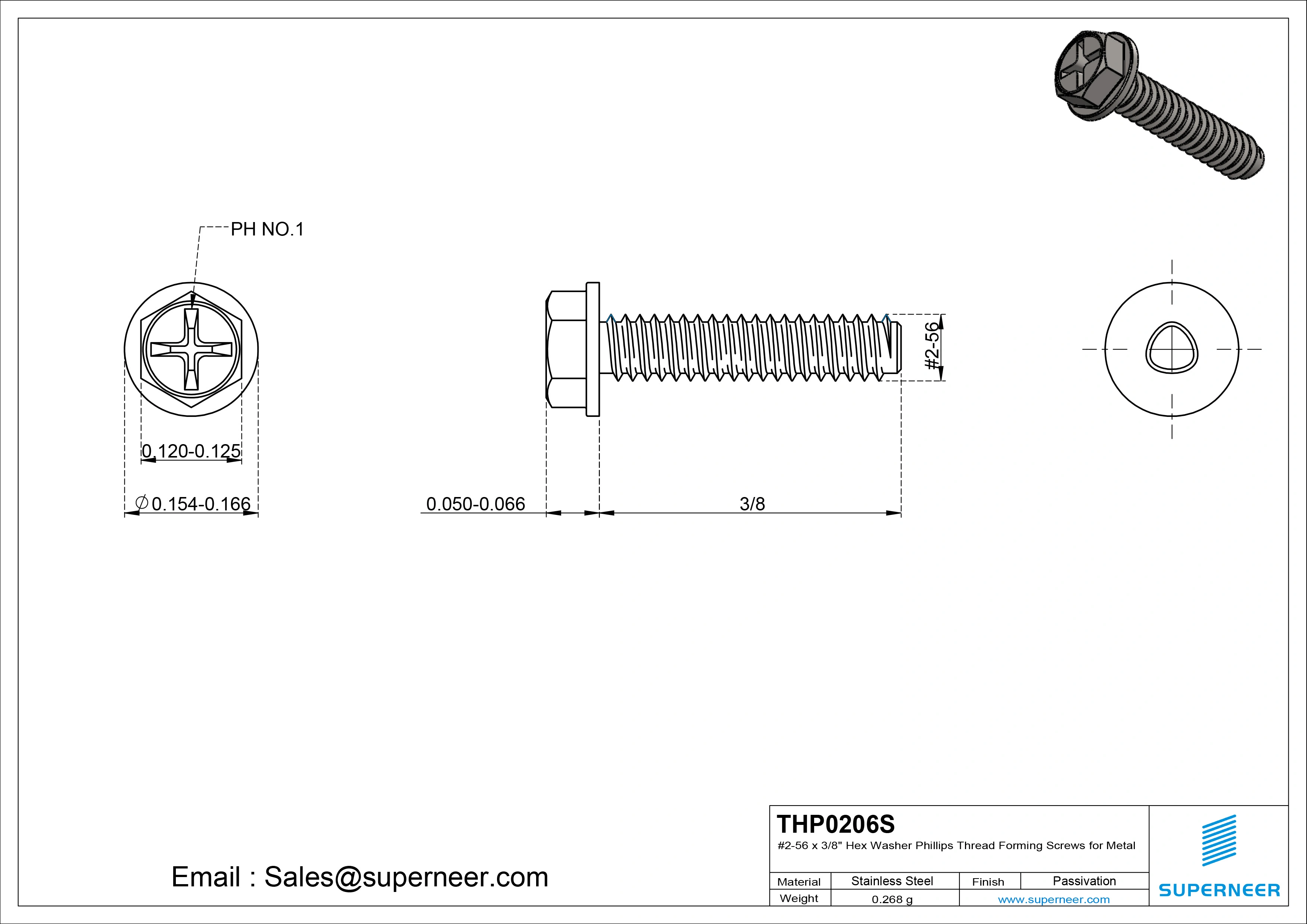 2-56 × 3/8 Hex Washer Phillips Thread Forming  Screws for Metal  SUS304 Stainless Steel Inox