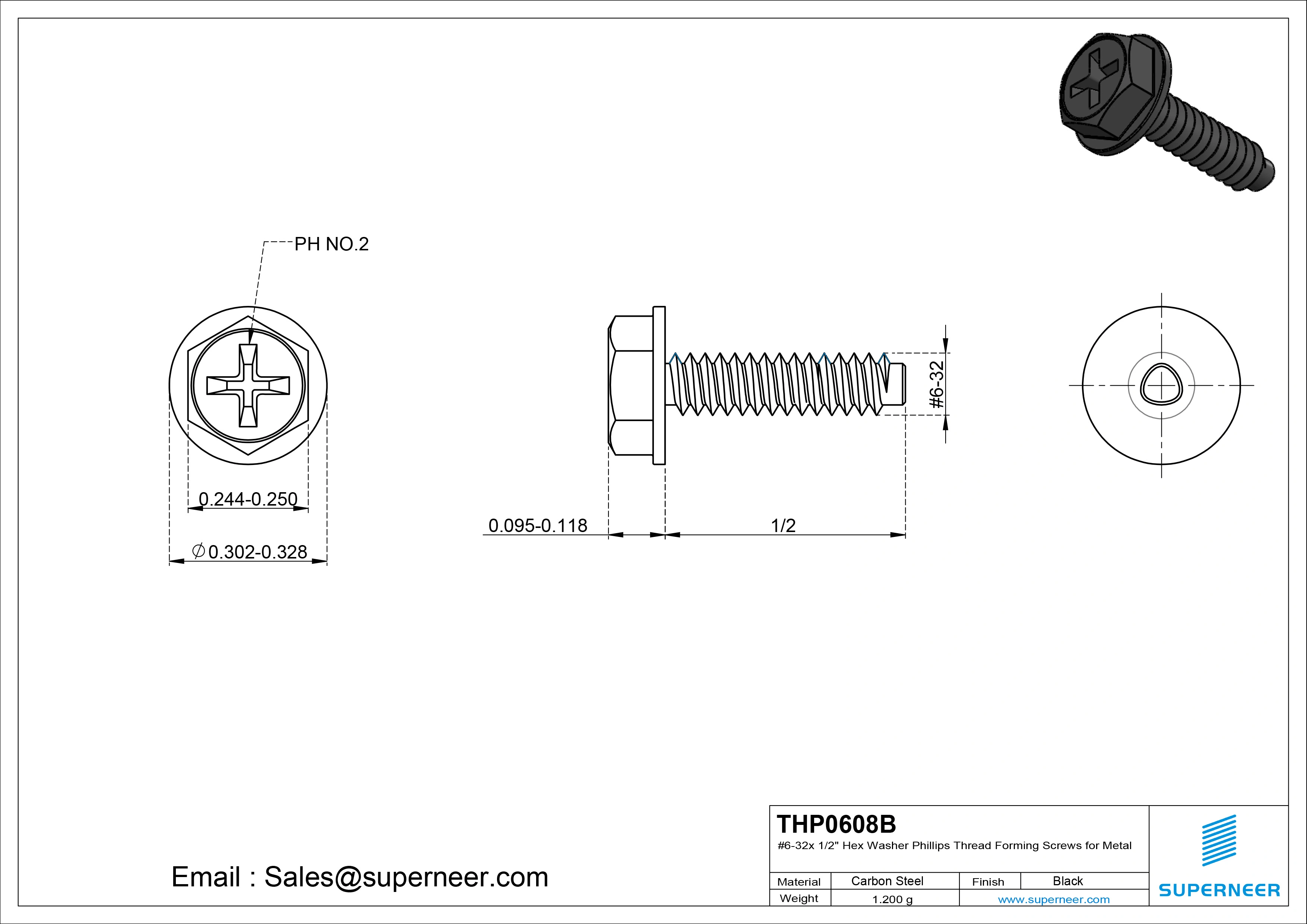 6-32 × 1/2 Hex Washer Phillips Thread Forming  Screws for Metal  Steel Black