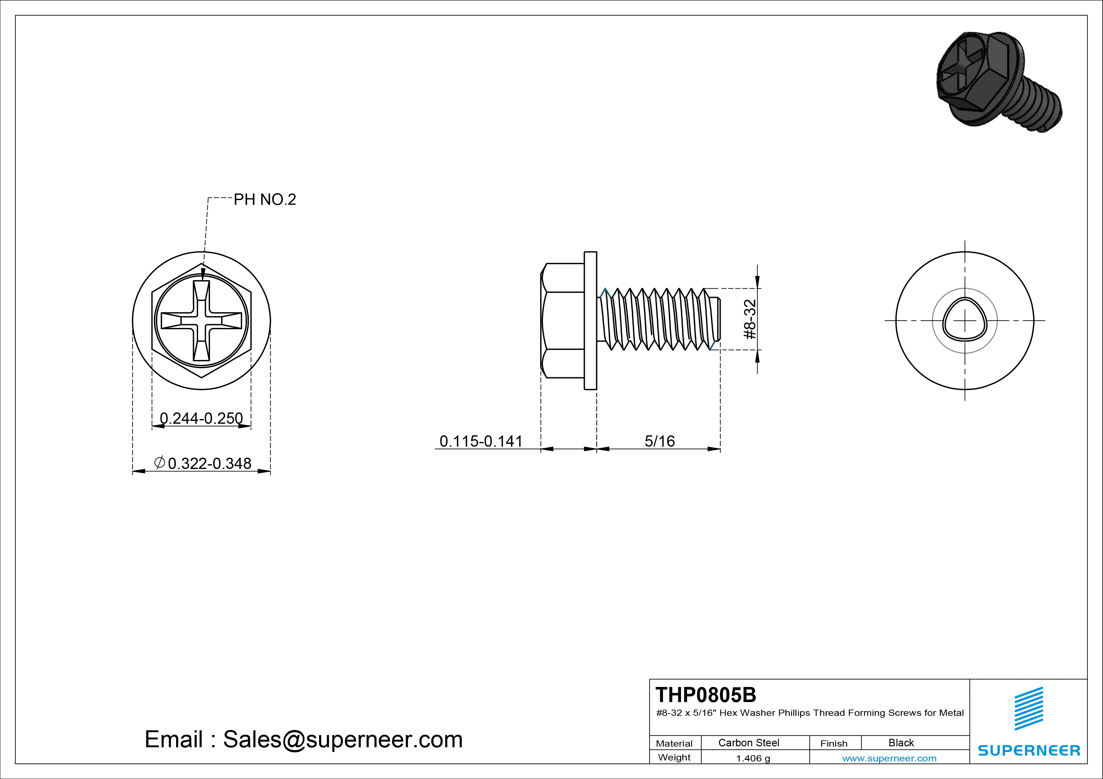 8-32 × 5/16 Hex Washer Phillips Thread Forming  Screws for Metal  Steel Black