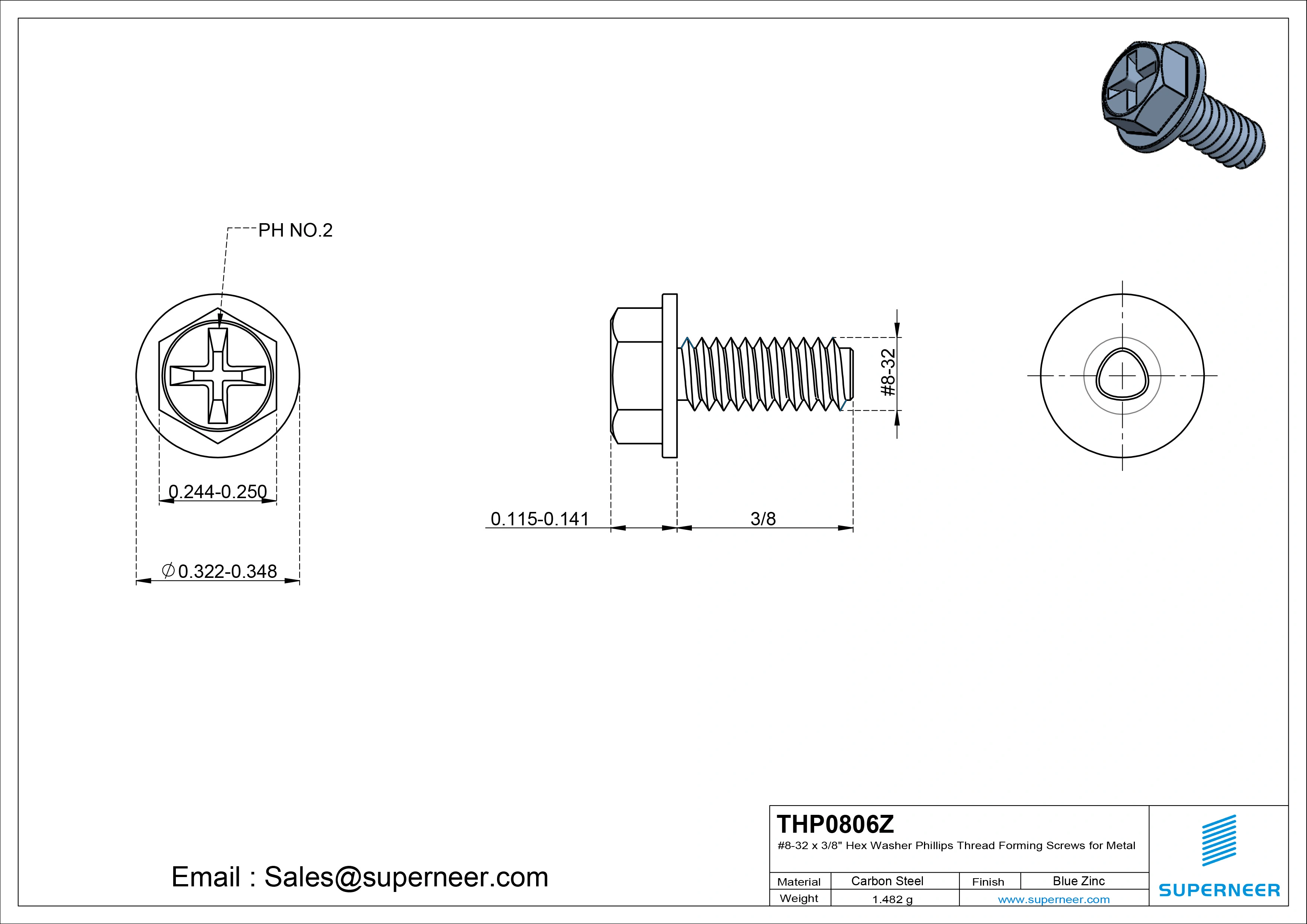 8-32 × 3/8 Hex Washer Phillips Thread Forming  Screws for Metal  Steel Blue Zinc Plated