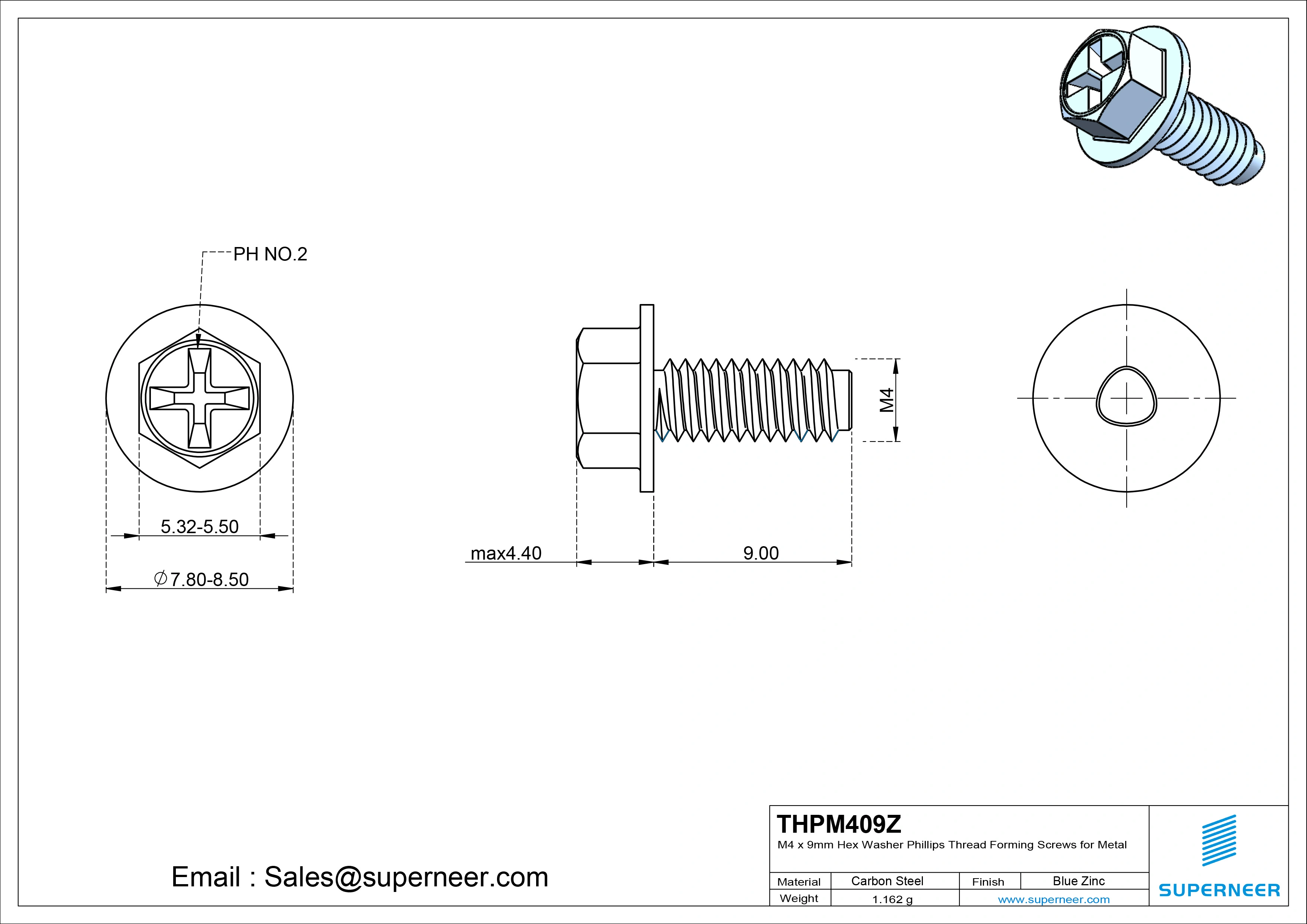 M4 × 9mm Indented Hex Washer Phillips Thread Forming Screws for Metal Steel Blue Zinc Plated