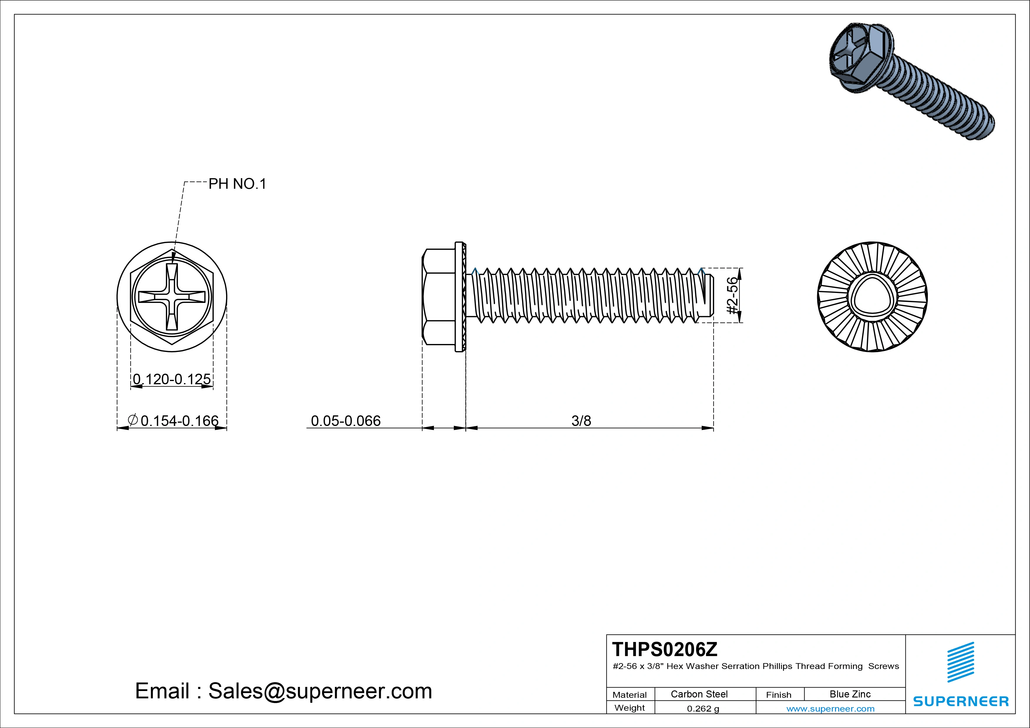 2-56 × 3/8 Hex Washer Serration Phillips Thread Forming  Screws for Metal  Steel Blue Zinc Plated