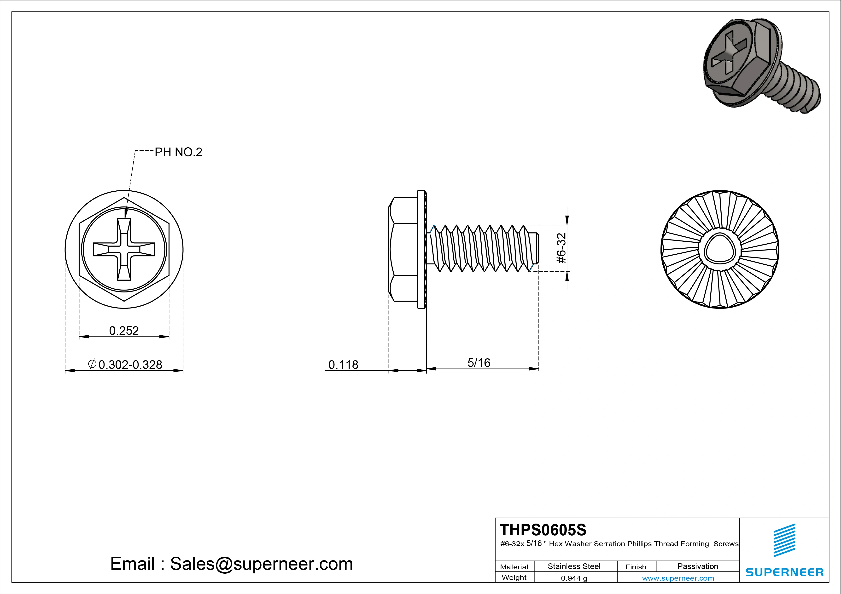 6-32 × 5/16 Hex Washer Serration Phillips Thread Forming  Screws for Metal  SUS304 Stainless Steel Inox