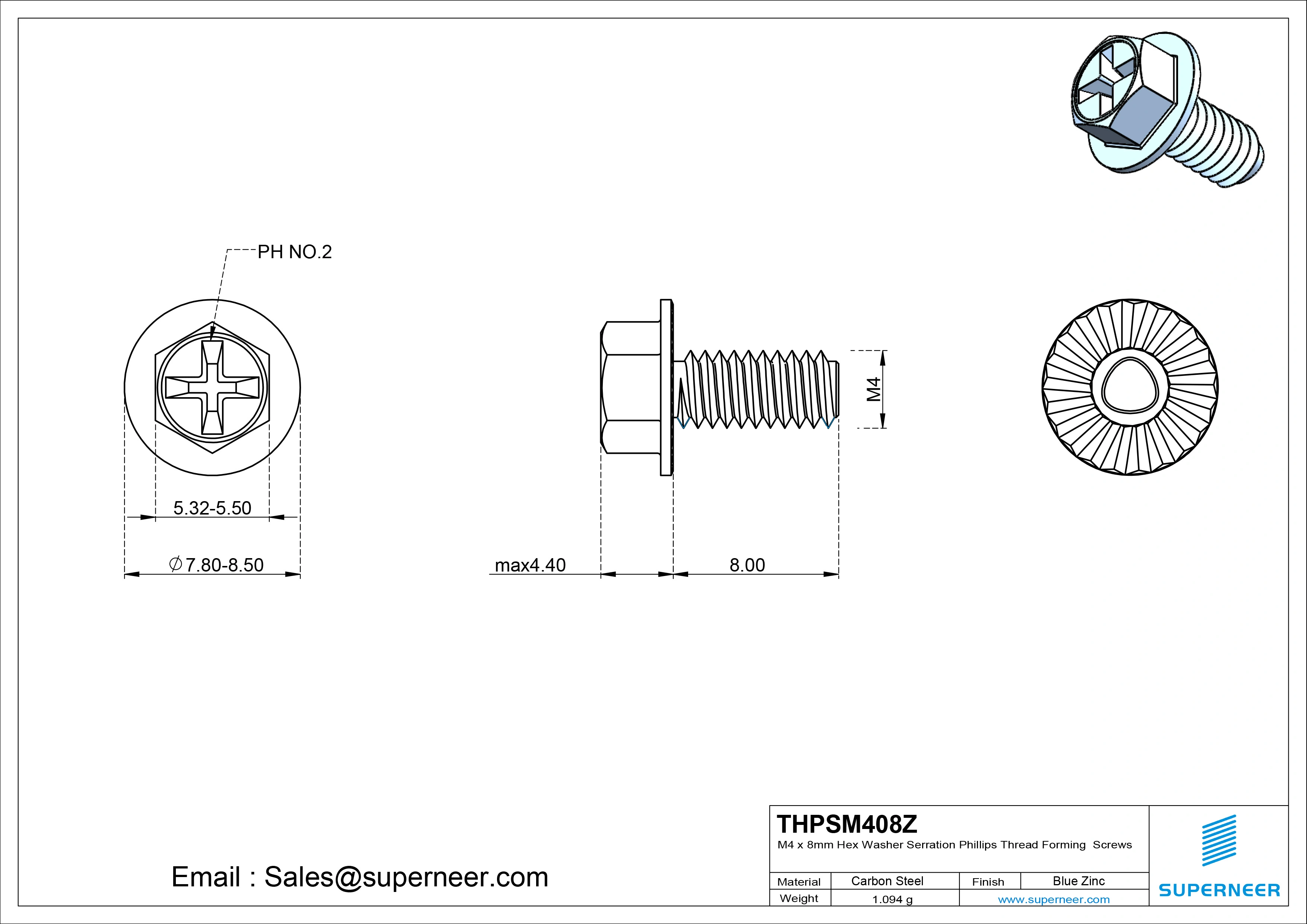 M4 × 8mm Indented Hex Washer Serrattion Phillips Thread Forming Screws for Metal Steel Blue Zinc Plated