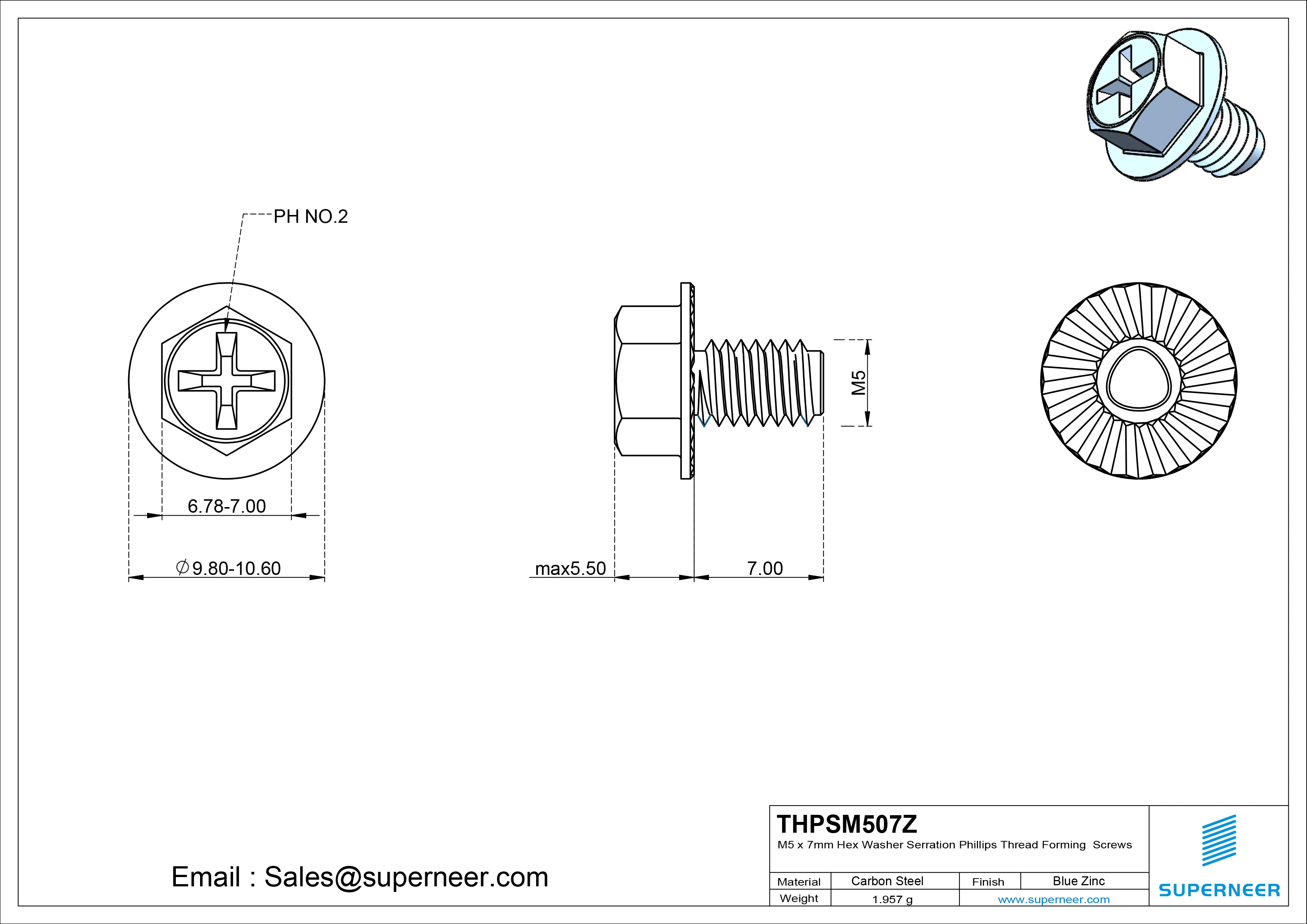 M5 × 7mm Indented Hex Washer Serrattion Phillips Thread Forming Screws for Metal Steel Blue Zinc Plated