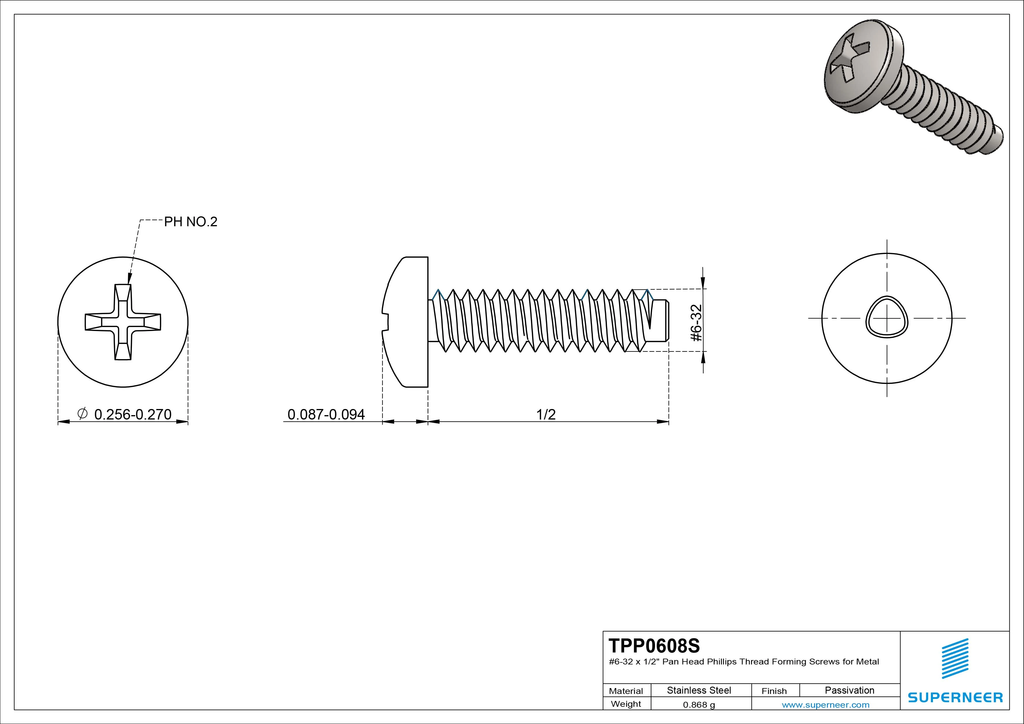 6-32 × 1/2 Pan Head Phillips Thread Forming  Screws for Metal  SUS304 Stainless Steel Inox