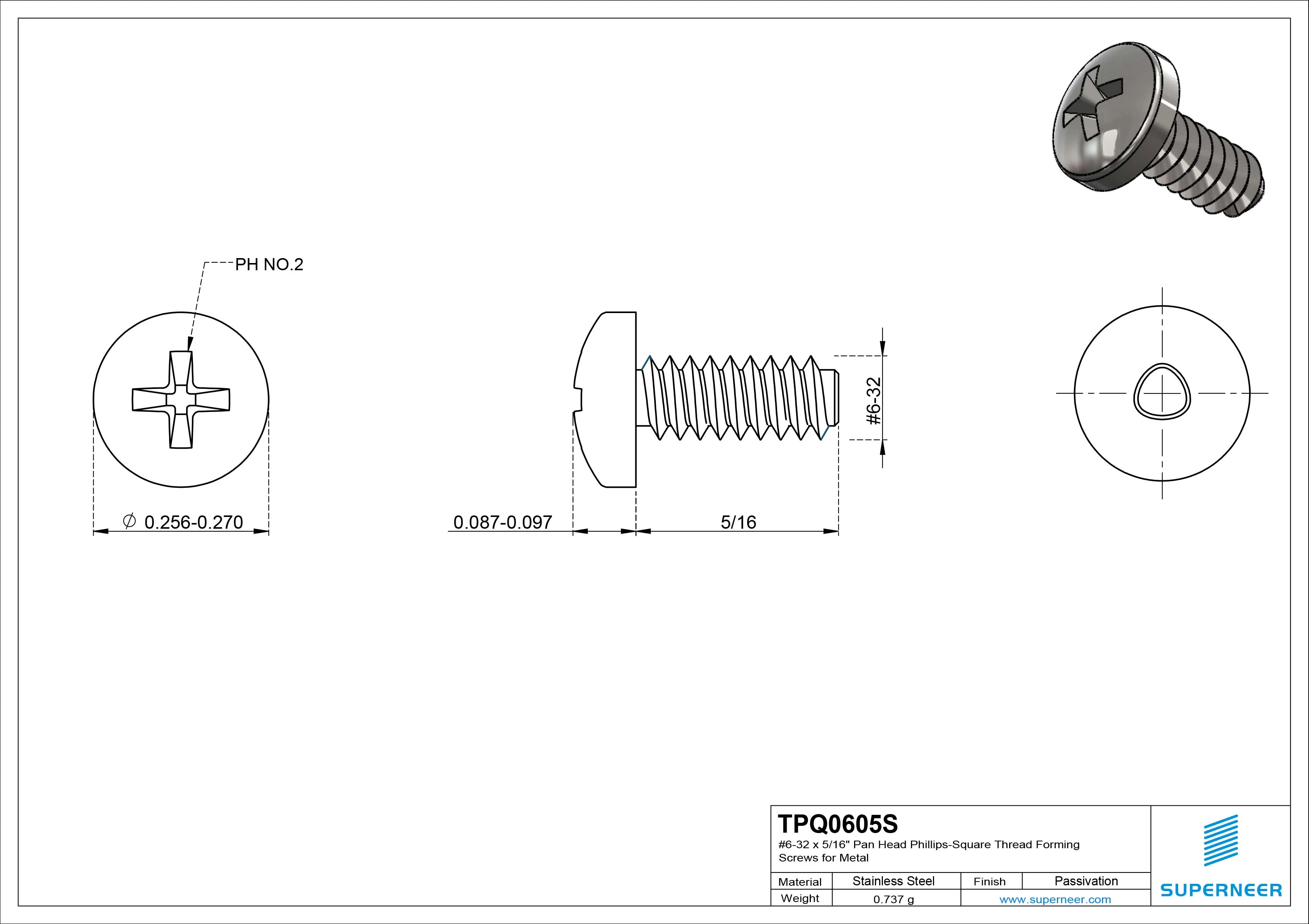 6-32 × 5/16 Pan Head Phillips Square Thread Forming  Screws for Metal  SUS304 Stainless Steel Inox