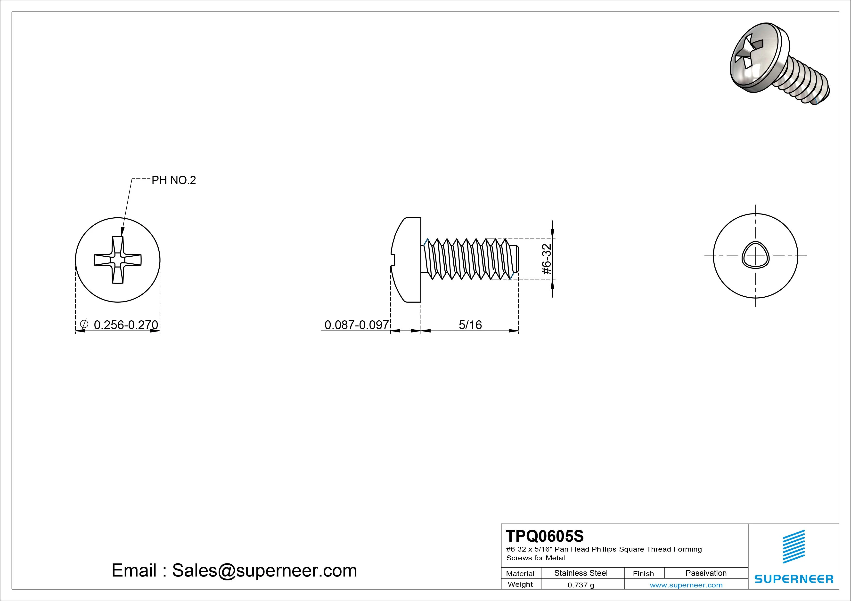 6-32 &times; 5/16 Pan Head Phillips Square Thread Forming  Screws for Metal  SUS304 Stainless Steel Inox