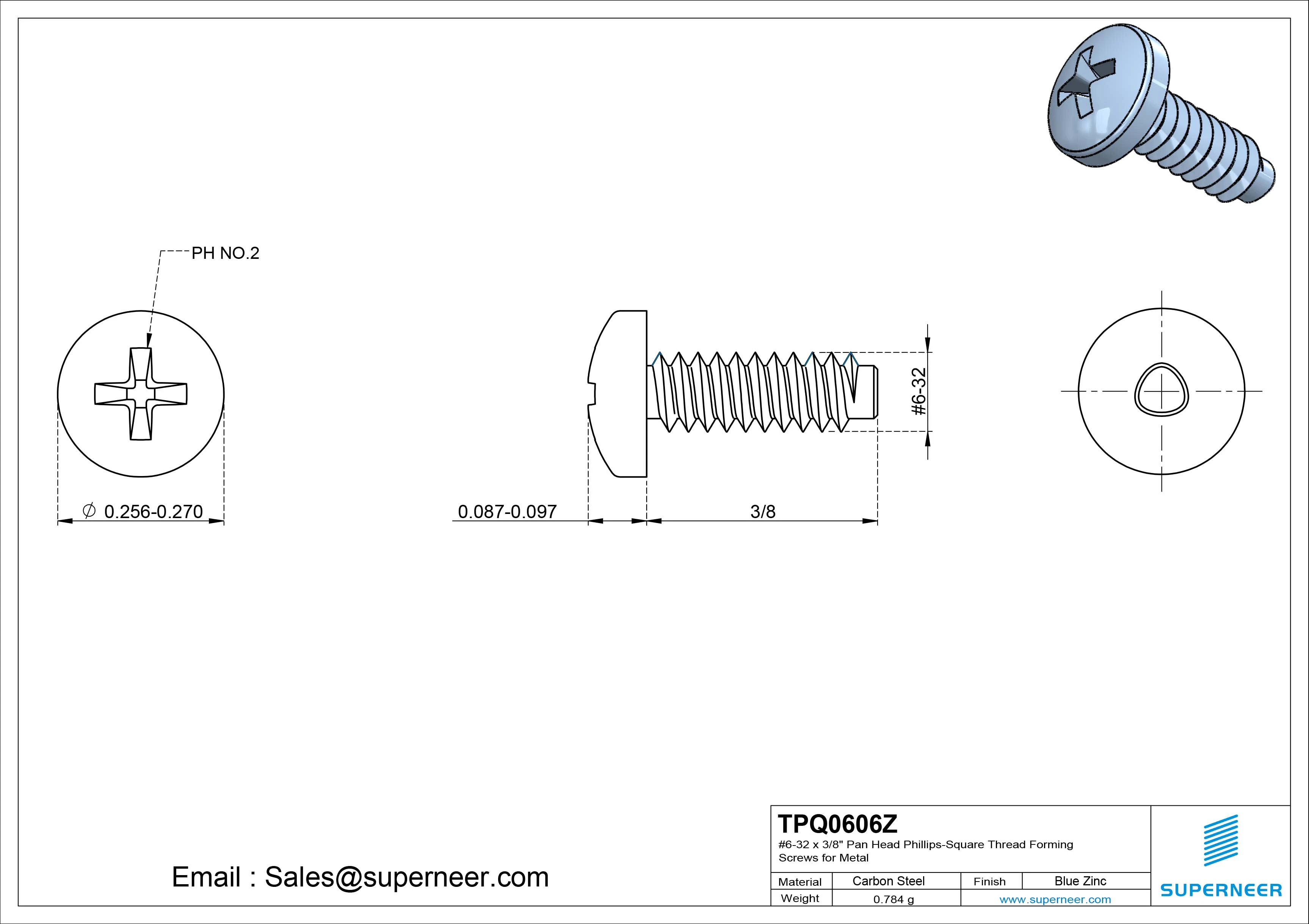 6-32 × 3/8 Pan Head Phillips Square Thread Forming  Screws for Metal  Steel Blue Zinc Plated