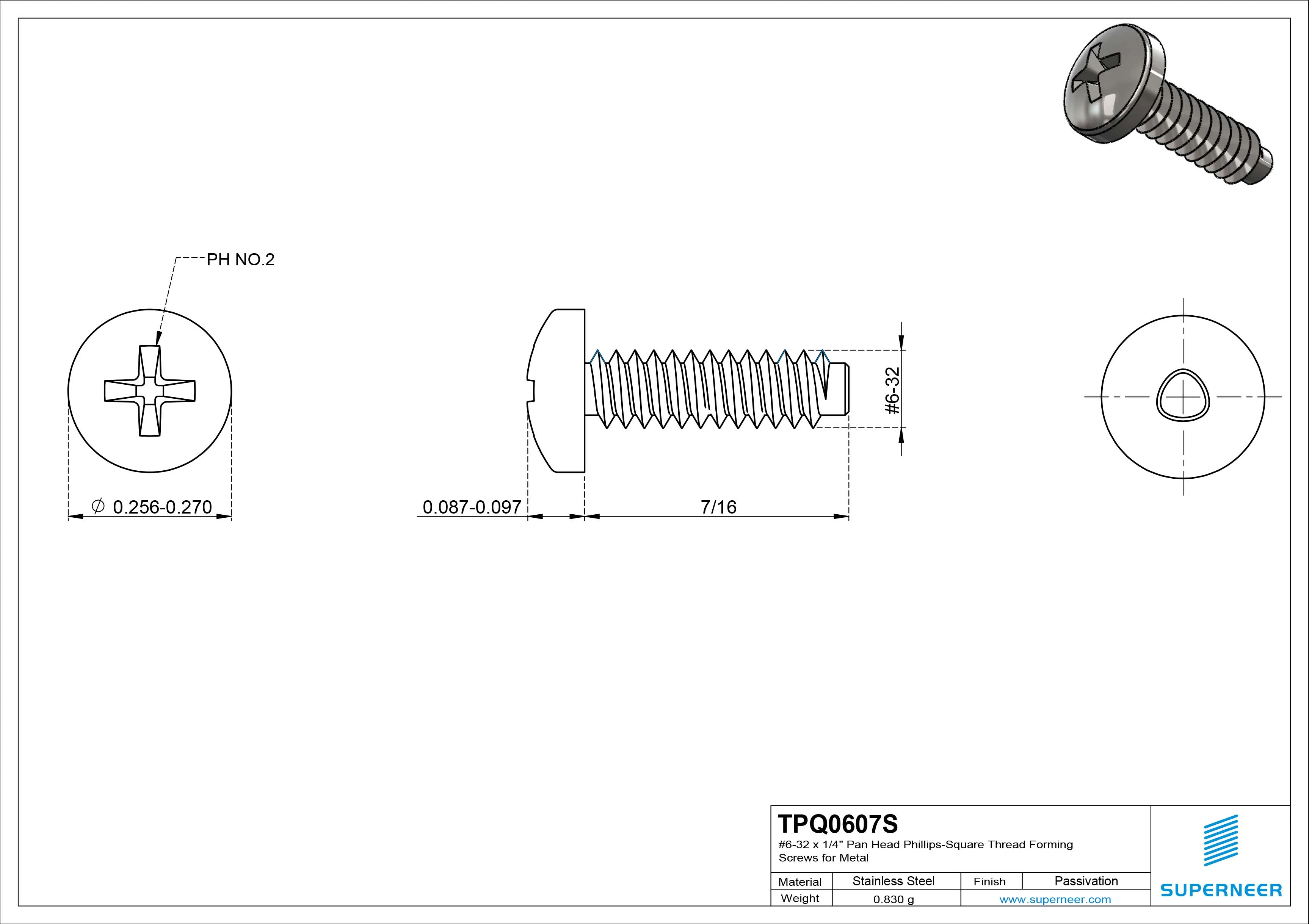6-32 × 7/16 Pan Head Phillips Square Thread Forming  Screws for Metal  SUS304 Stainless Steel Inox