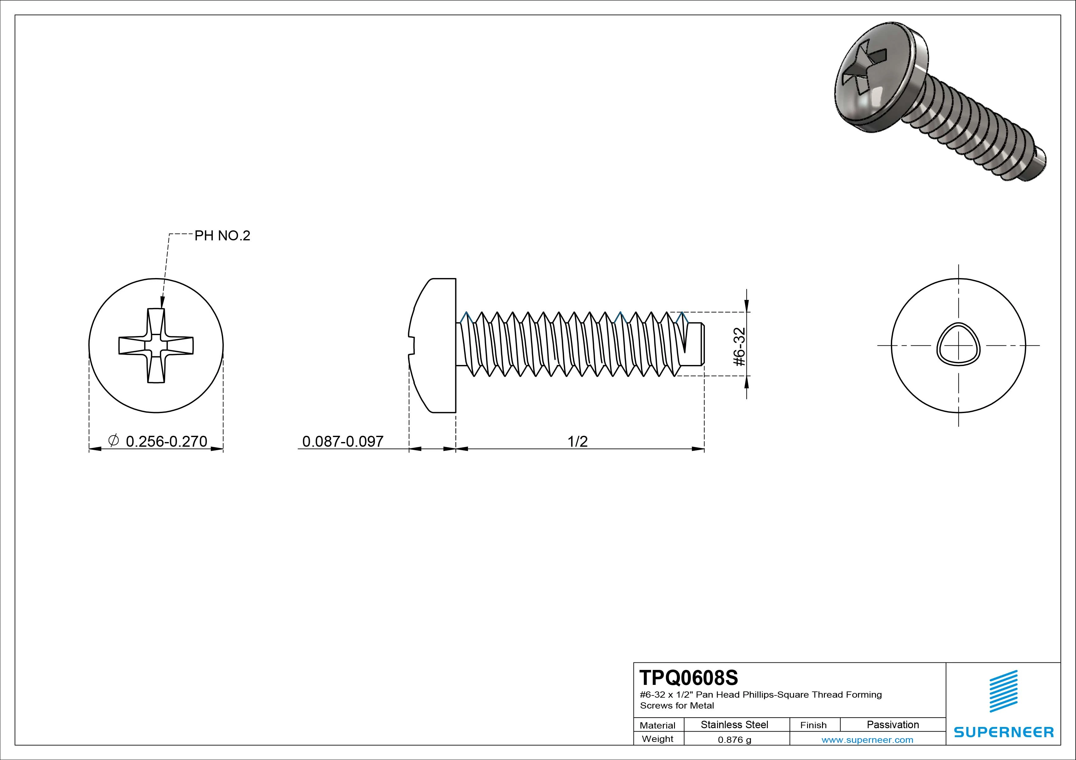 6-32 × 1/2 Pan Head Phillips Square Thread Forming  Screws for Metal  SUS304 Stainless Steel Inox